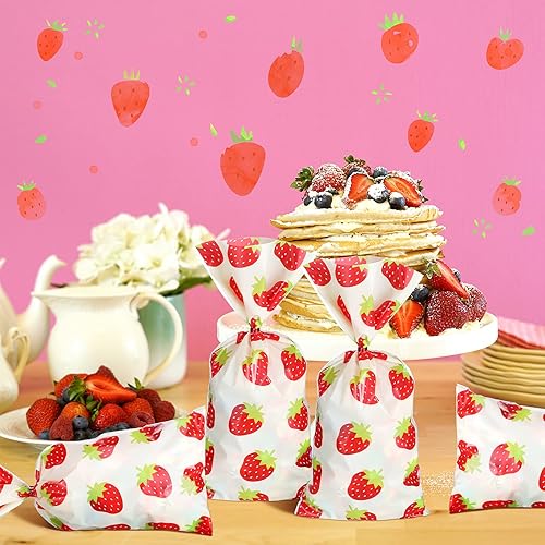 Miniatura 5 de 100 bolsas de golosinas de fresa, bolsas de fiesta de celofán de fresa, bolsas de plástico para dulces con 200 lazos rojos para fiesta temática de