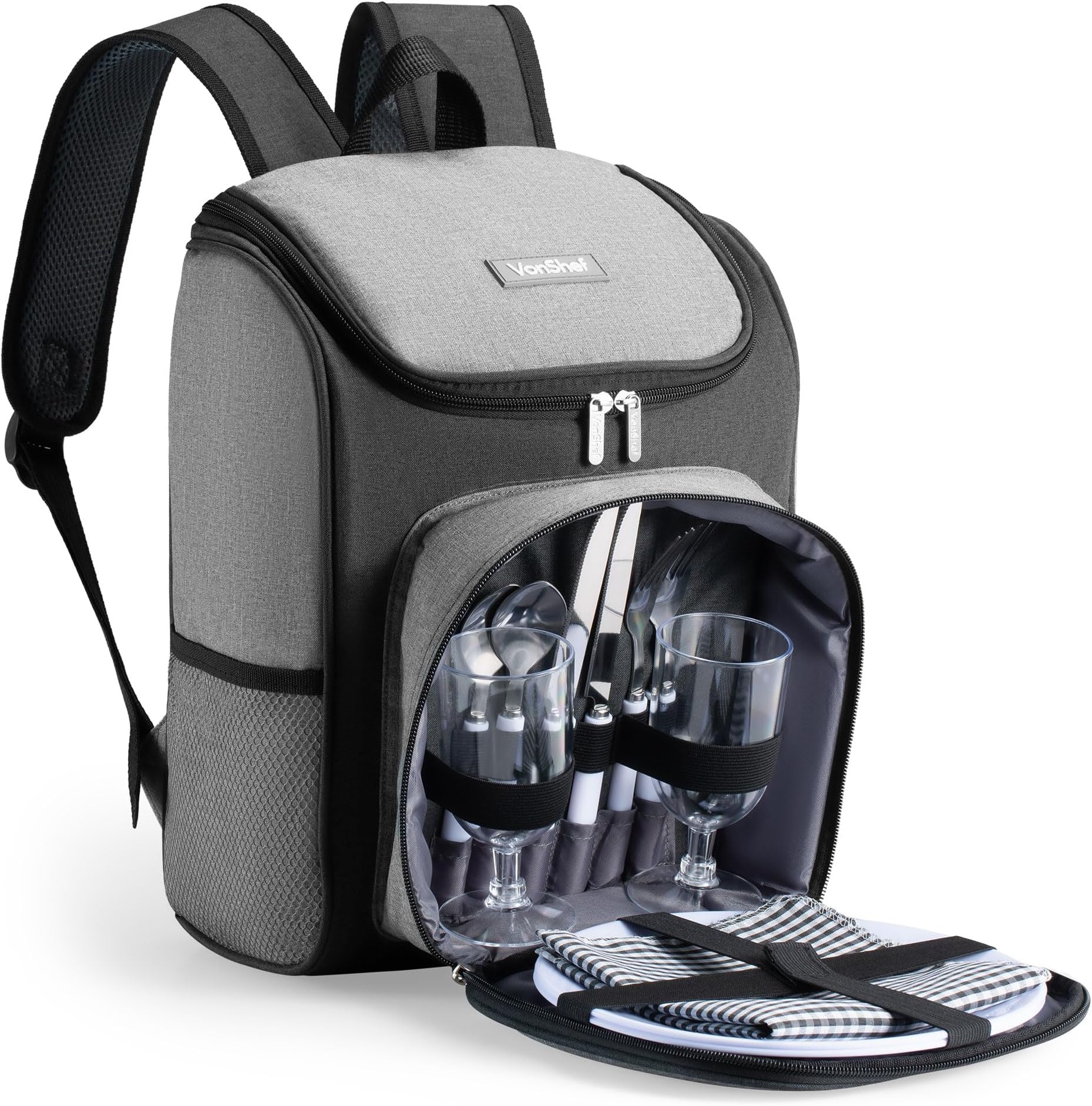 VonShef Picnic Backpack, 2 Person Grey Picnic Hamper with Dining & Cutlery Set & Cooler Compartment, Lightweight Water Resistant Cool Bag, Insulated Camping Accessories