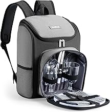 VonShef Picnic Backpack, 2 Person Grey Picnic Hamper with Dining & Cutle...