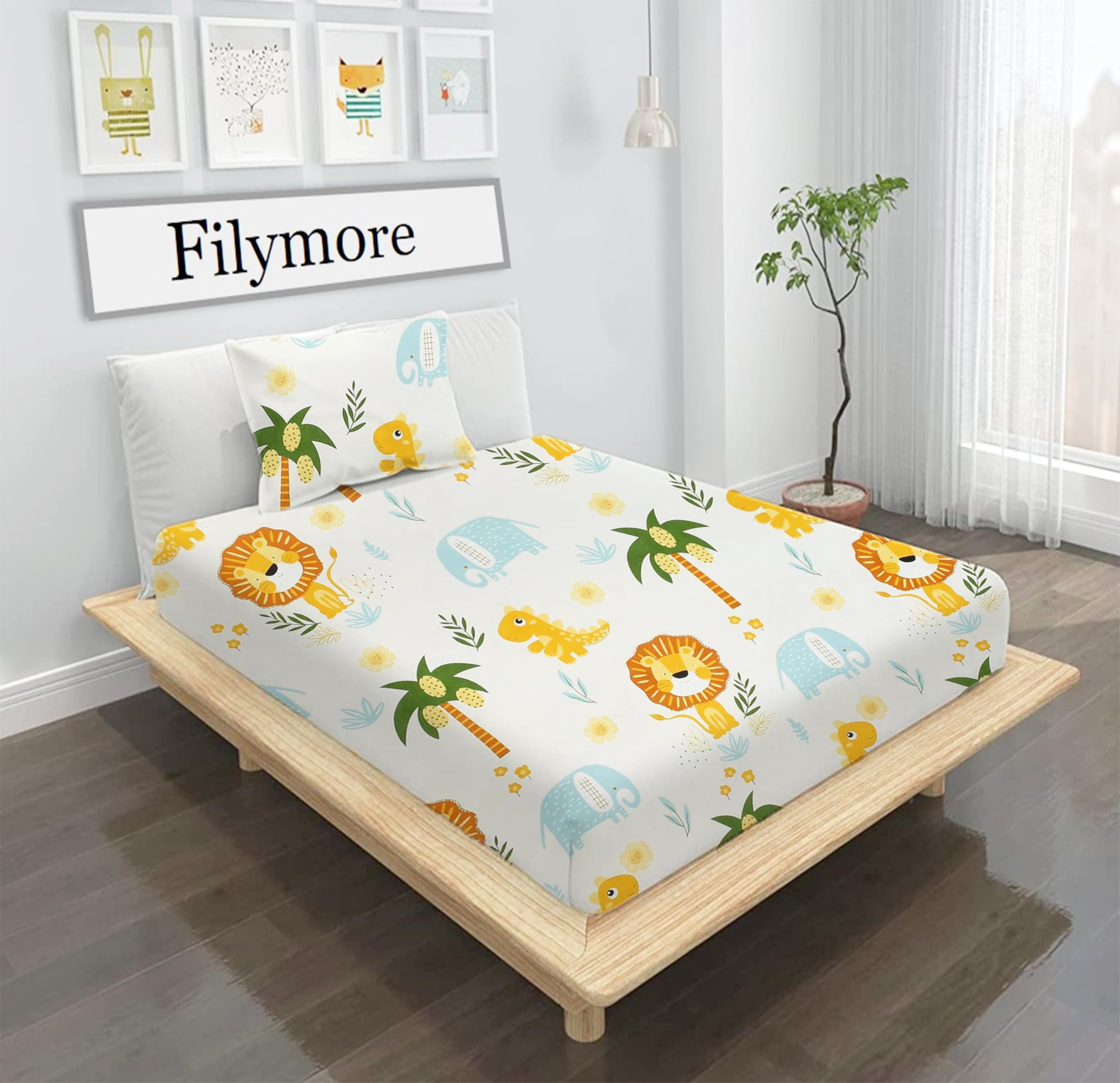 Filymore Lion Single bedsheet for Girls Kid bedsheet for Small Size Bed 240 TC Microfiber Soft Cartoon bedcover for Kids Room (90x60 Inches)(White and Yellow)