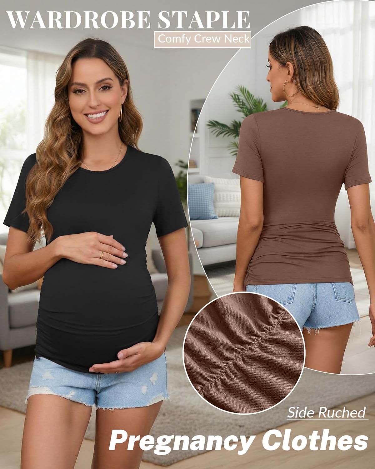 Ficerd 3 Pack Women's Maternity T-Shirts, Short Sleeve Maternity Tops Comfy Crew Neck Side Ruched Pregnancy Clothes - Image 6