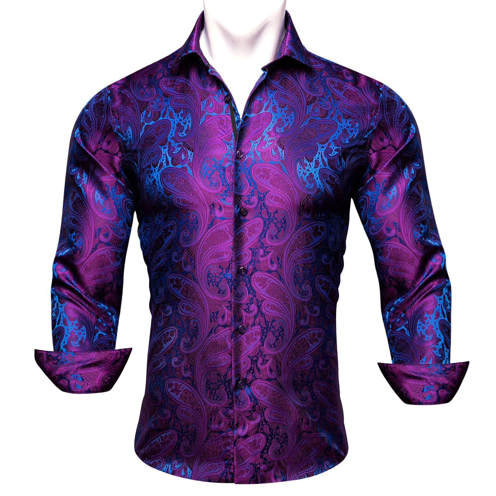 Barry.Wang Men Dress Shirts Long Sleeve Button Down Silk Paisley Floral Party Shirt Jacquard Business Formal