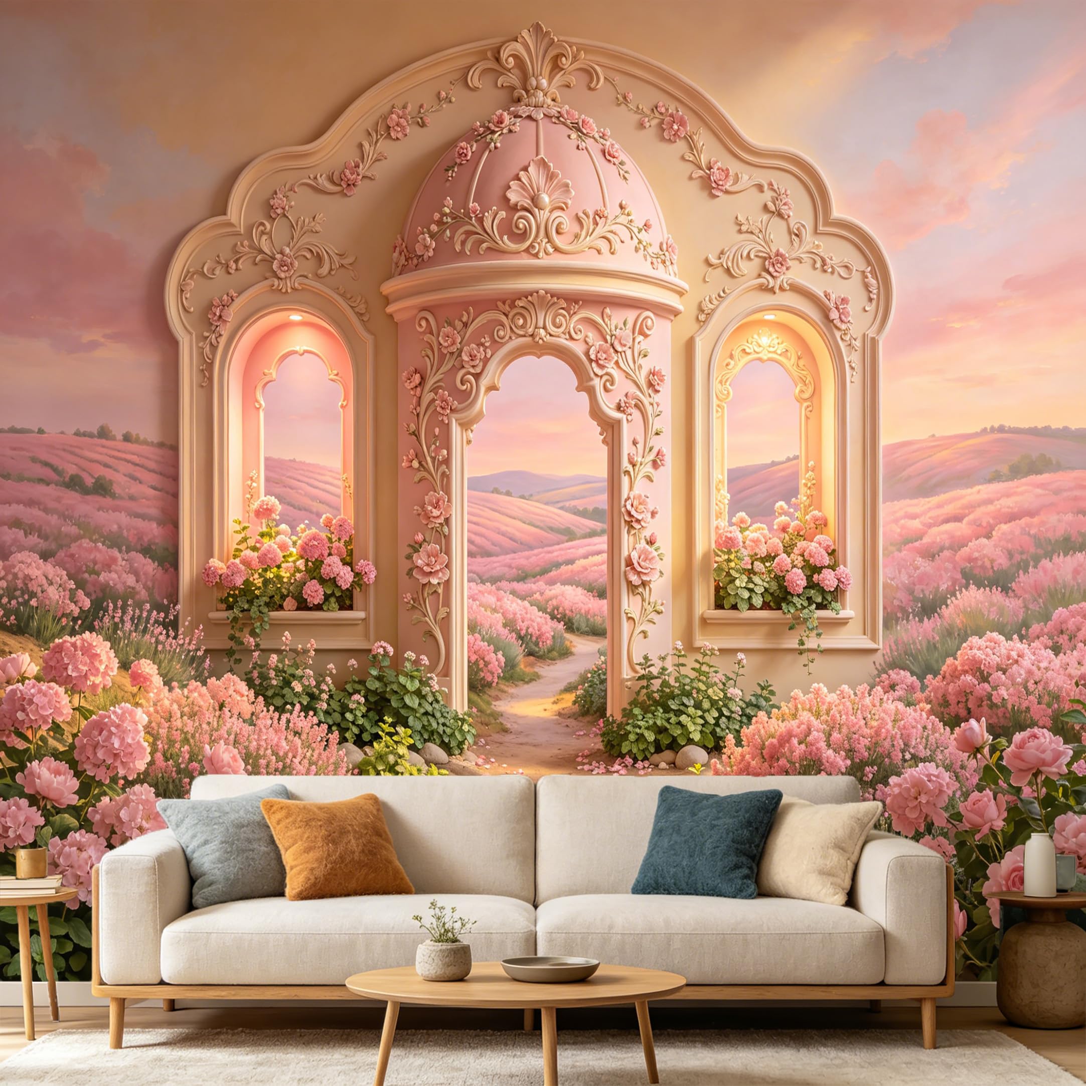 Custom Size Wall Mural， Romantic Pink Flower Garden Archway， Neoclassical Palace Window Scenery， SelfAdhesive Art Prints wall Fabric Removable Large Wallpaper Home Living Room Decor