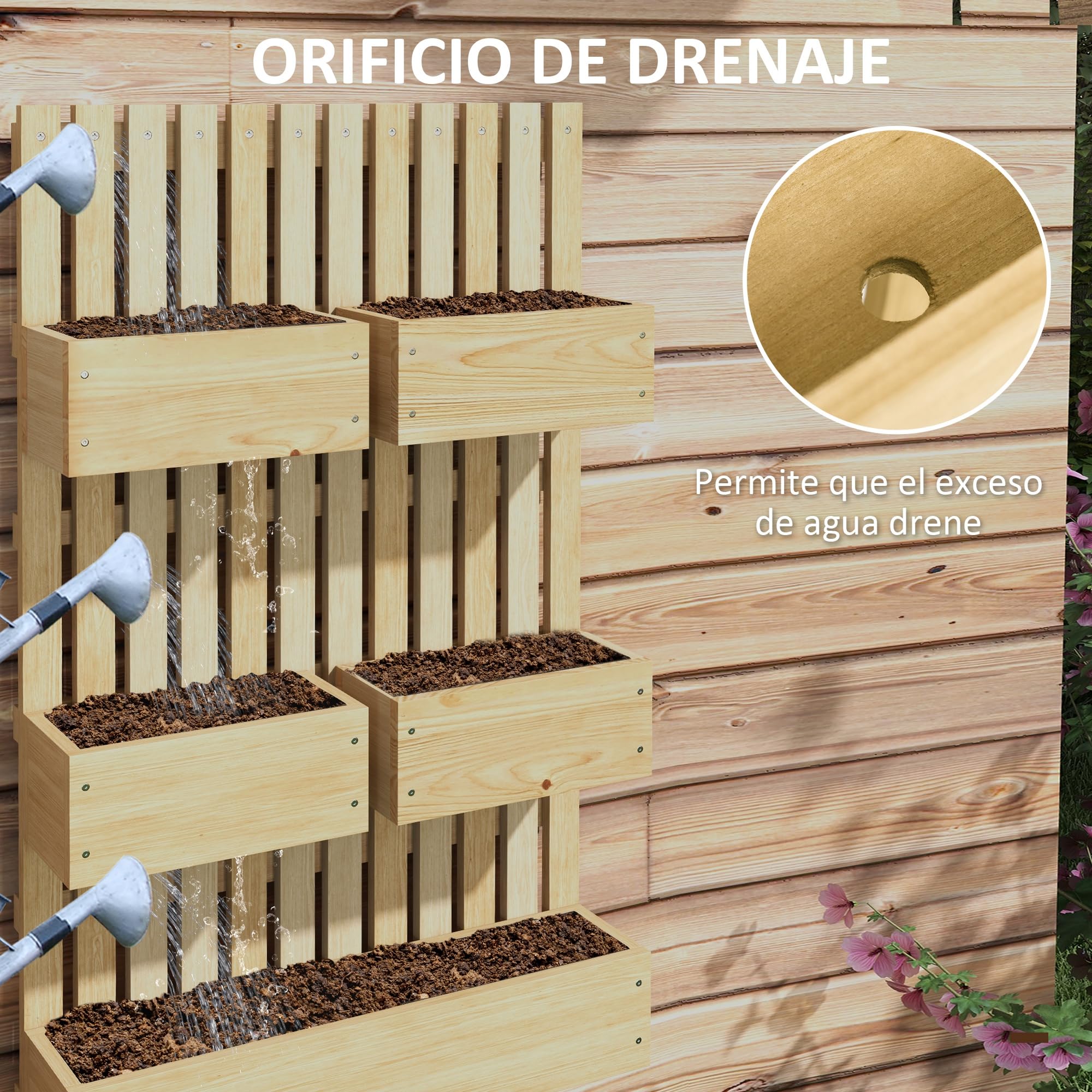 Outsunny Jardinera de Pared con Enrejado Exterior 60x16x100 cm Natural | Jardinera Exterior Grande de Madera, 5 Macetas Móviles, Tela no Tejida, Orificios de Drenaje, Jardín, Terraza, Patio