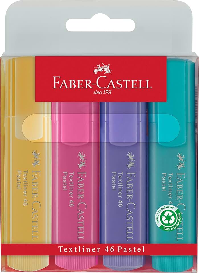 Faber-Castell 154610 - Estuche con 4 Marcadores Fluorescentes Tonos Pastel Textliner 46 - Colores Surtidos.