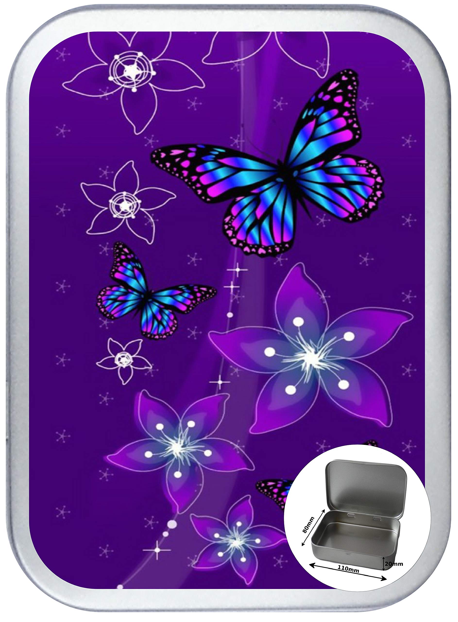 Teez Purple/Silver Butterflies 150Ml Hinged Tobacco Tin, Hinged 2Oz Tobacco Tin