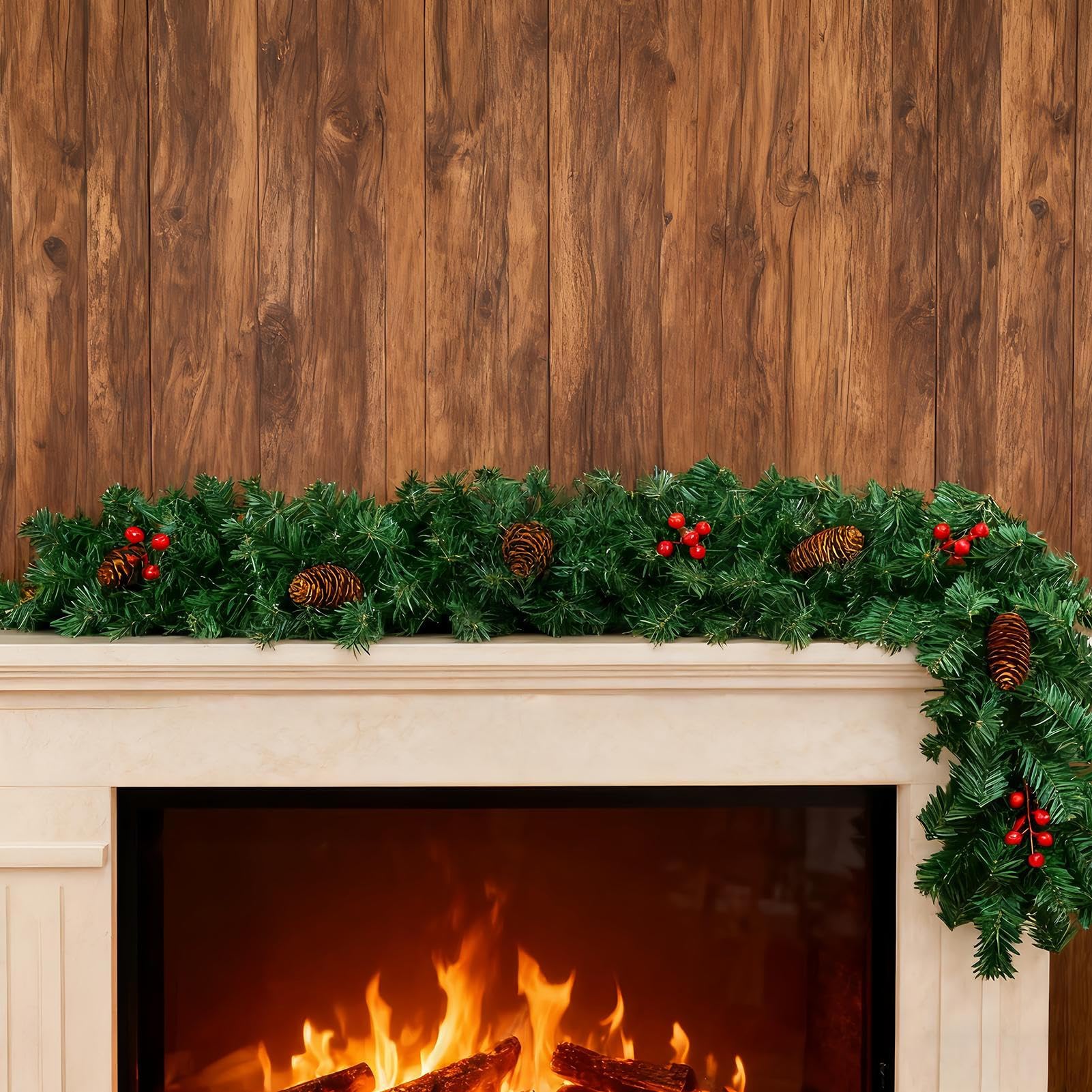 Guirnalda Navideña para Exterior Guirnalda de Mesa de 2.7 Metros | Corona Artificial con Bayas Rojas y Piñas para Decoración para Navidad Bodas Chimenea Porche Mesa de