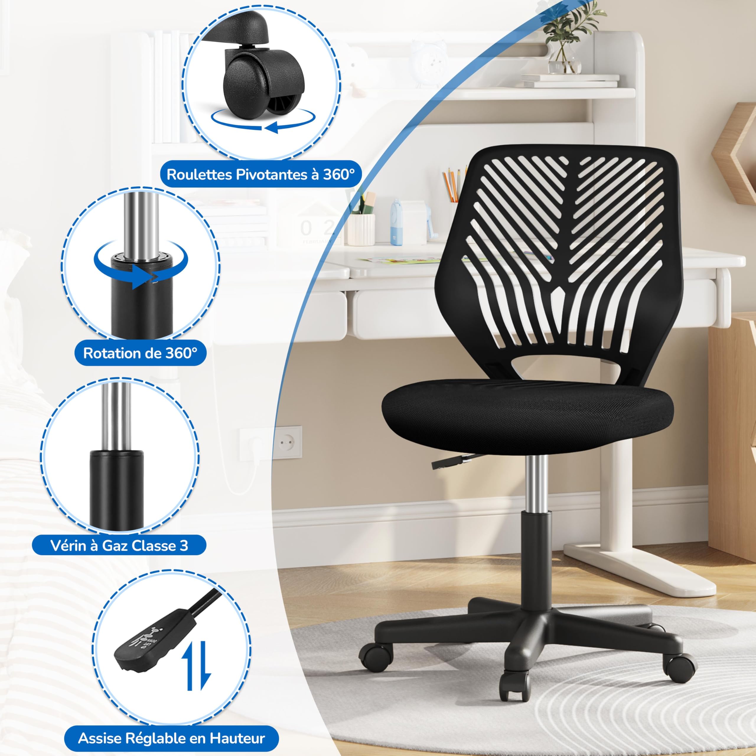 Yaheetech Chaise de Bureau, Chaise d'Ordinateur, Fauteuil Bureau Ergonomique, Pivotant, Fonction Réglage, Style Moderne, Charge de 136kg Noir