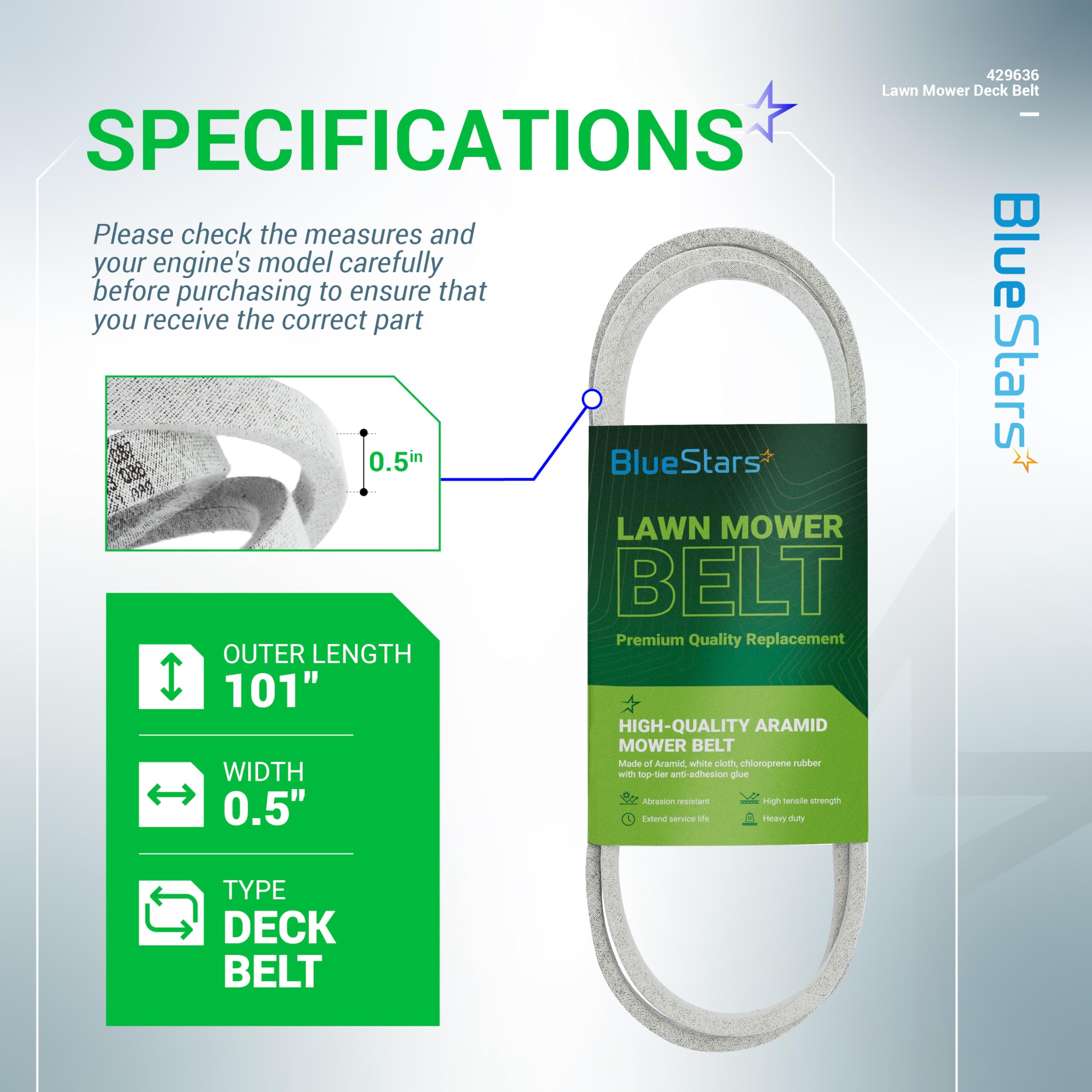 BlueStars 429636 197253 Lawn Mower Drive/Deck Belt - Fits for 42" Deck Craftsman Husqvarna AYP Poulan 532429636 532197253 598559101 592855001 PP19A42 YTA18542 | Aramid Cord | 101 inch - 4