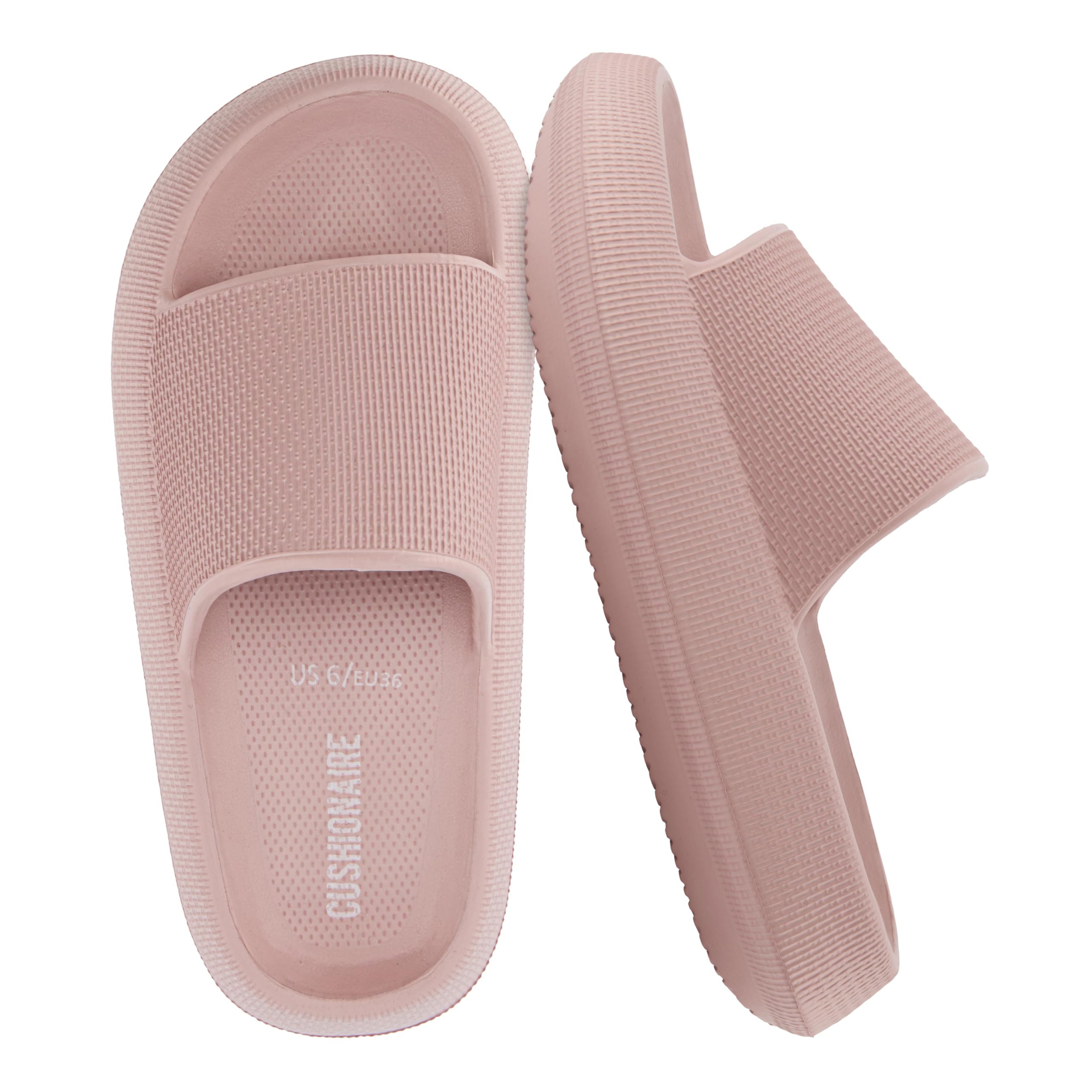 CUSHIONAIRE Feather EVA Slides for Women – Comfortable Slip On Womens Slippers, Indoor Outdoor Shower Shoes, Beach Essential Cloud Slides