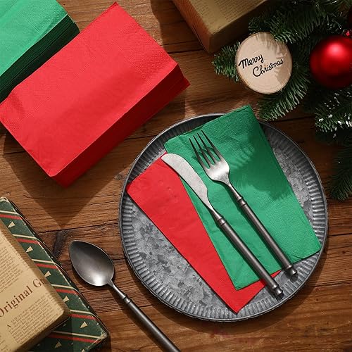 Miniatura 7 de Teling 100 servilletas de Navidad desechables de papel rojo y verde para cena de Navidad, servilletas de mano para cena de Navidad para el hogar,