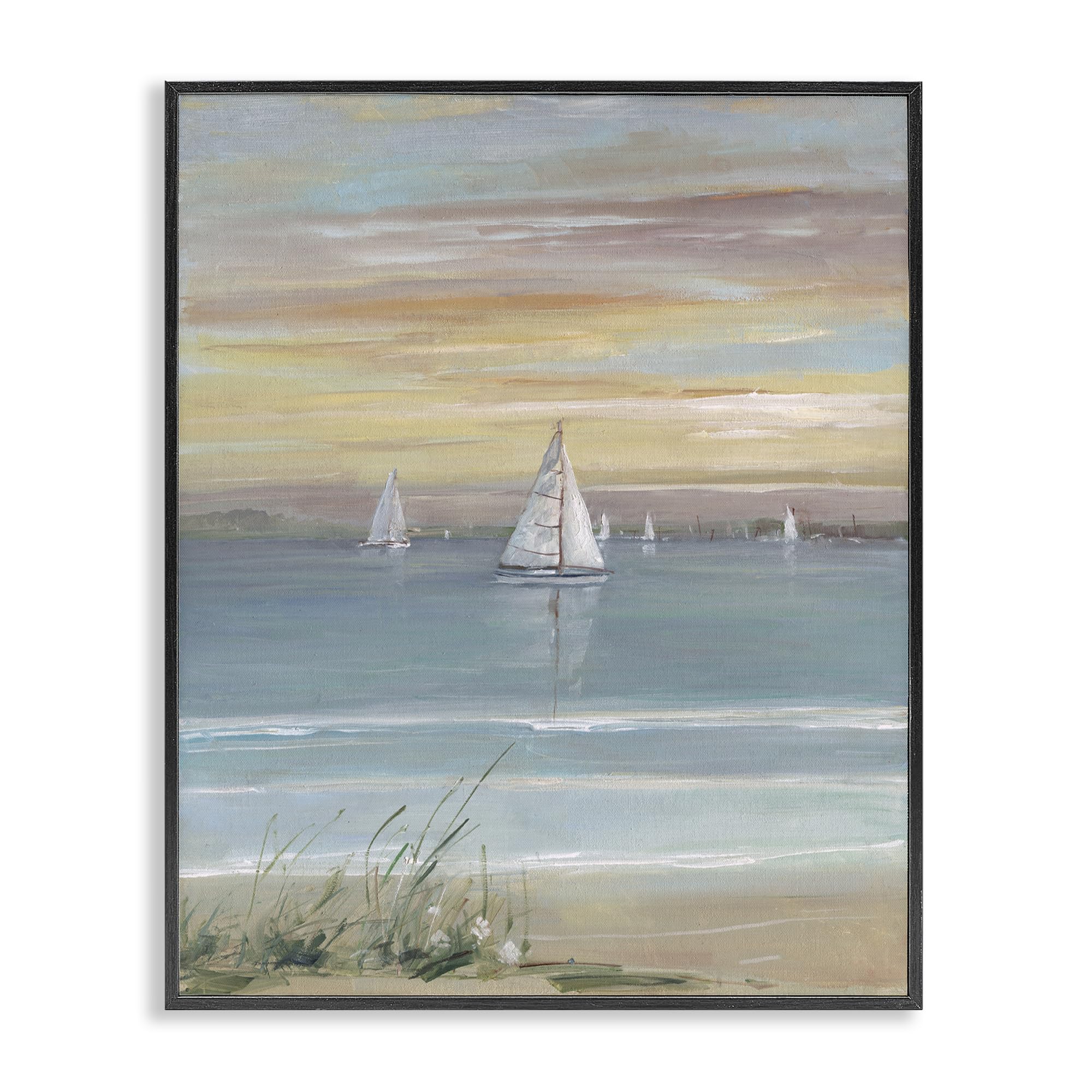 Stupell Industries Midnight Black (Textured) Coastal Sailboats At Twilight, 16 X 20 Inch Framed Giclée Print