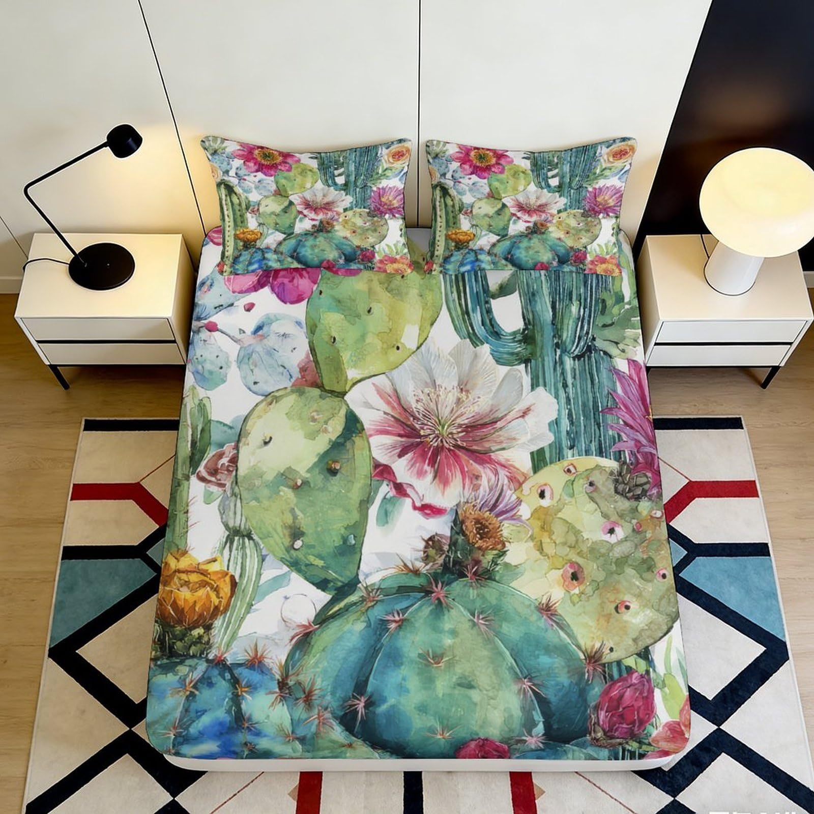 3D Printed cactus floral Fitted Sheet, soft touch Microfiber, wrinkle resistant, anti-slip, apartment bedding, home decor, easy care, green bed cover for bedroom, guest room, 120x200cm 90x200x25cm