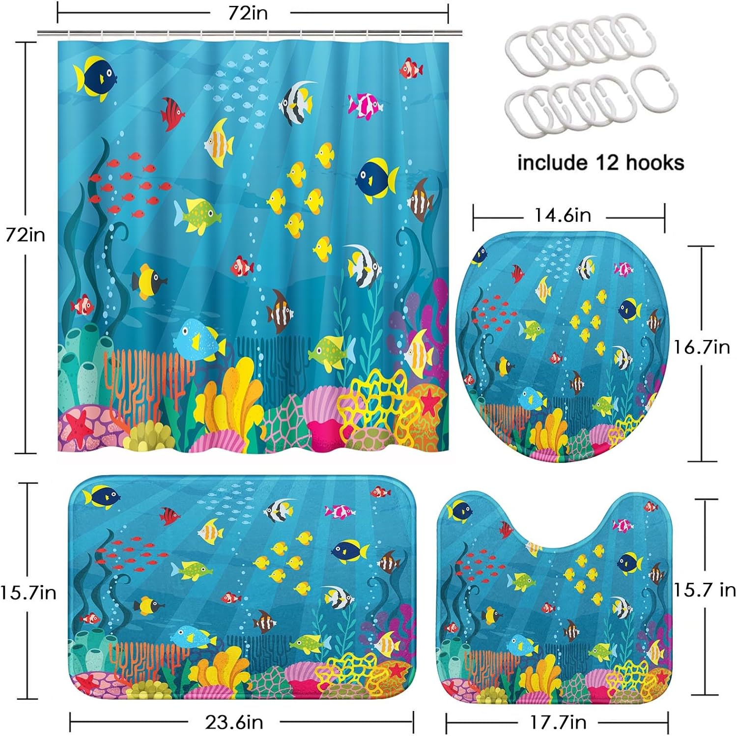 Bathroom Sets with Shower Curtain and Rugs, Set of 4, Underwater image 2