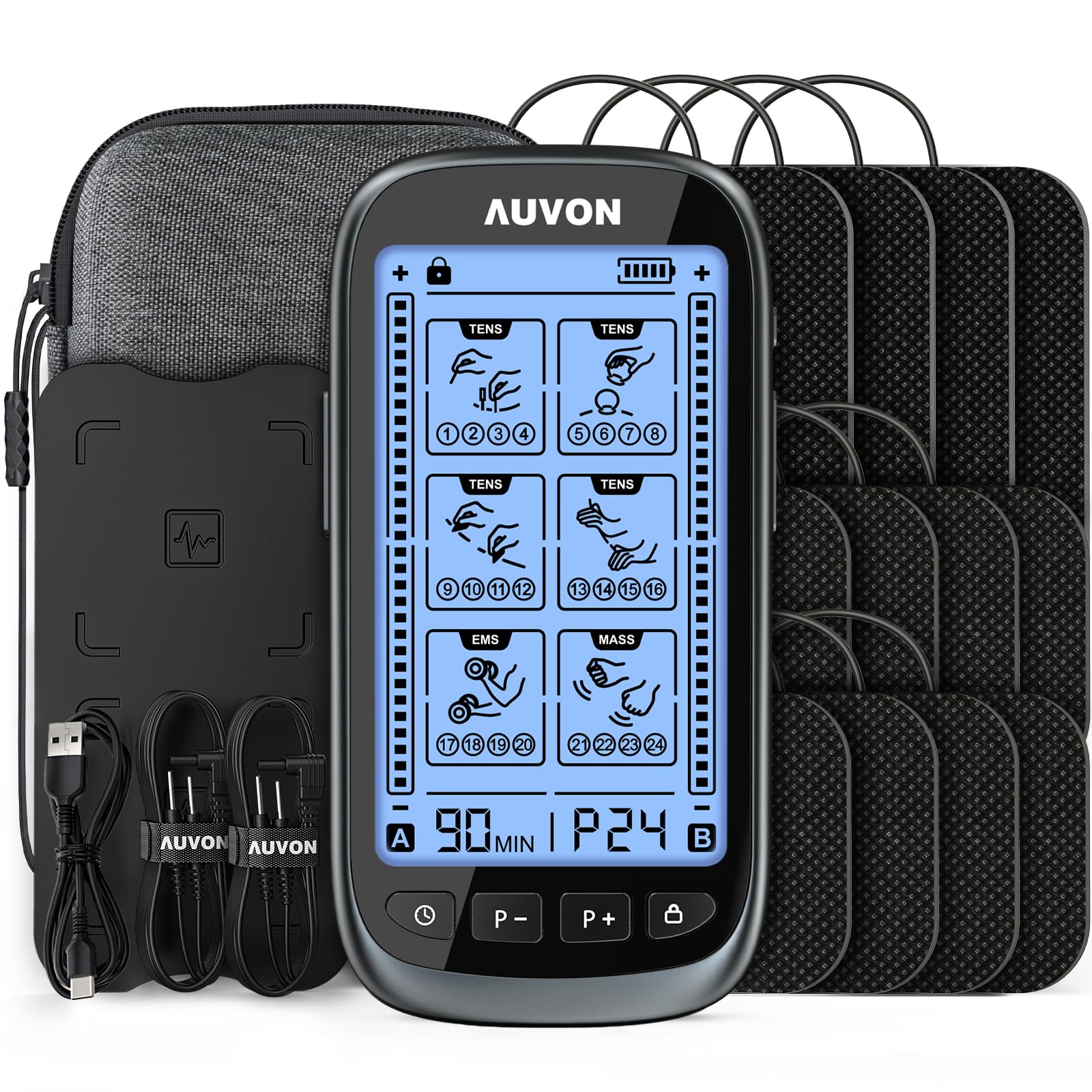 3-in-1 TENS Unit Muscle Stimulator, Dual Channel Electronic Pulse Massager, TENS EMS Machine, 24 Modes Muscle Massager for Pain Relief Therapy, EVA Travel Case, 12 Pcs TENS Unit Electrodes Pads