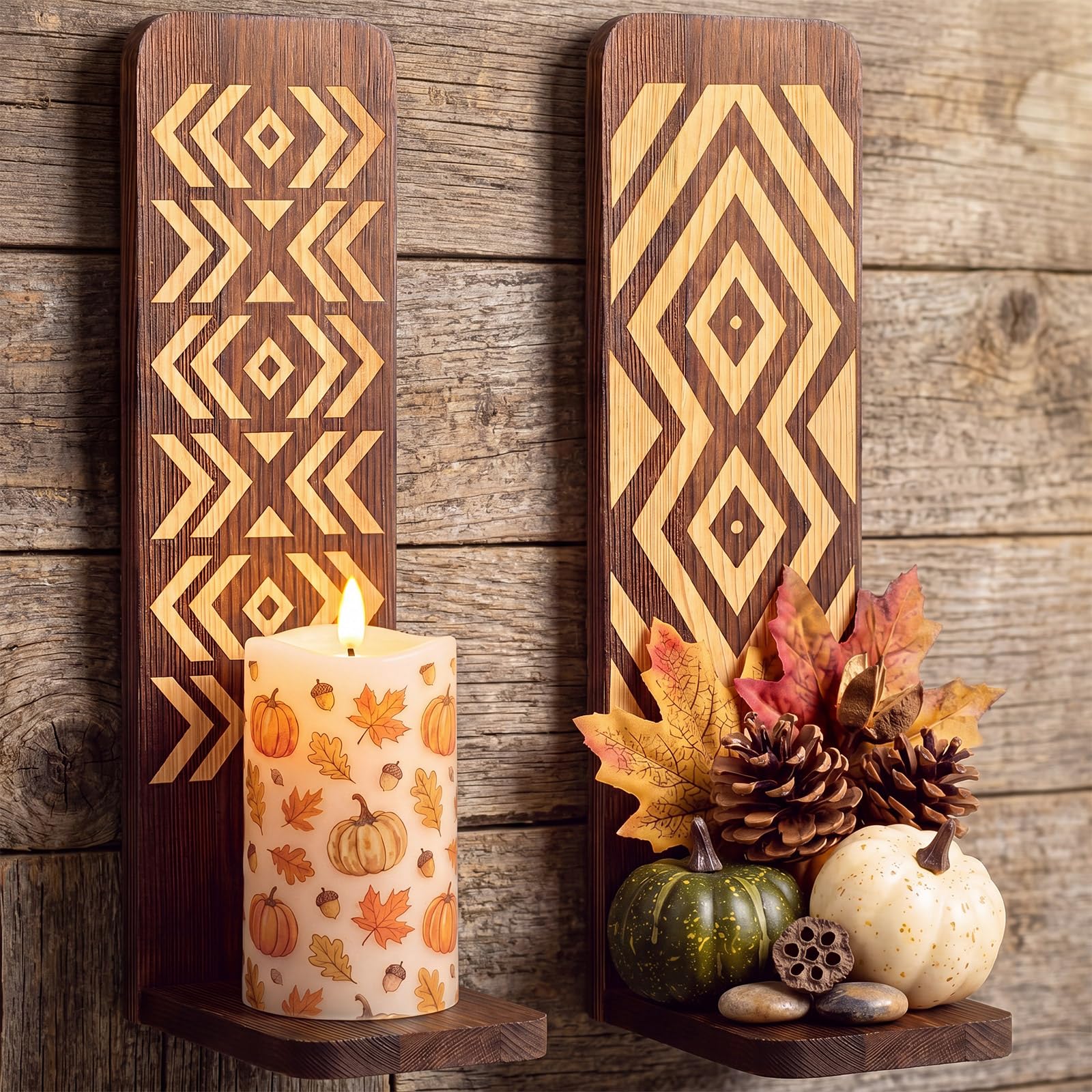 Photo 1 of Singhoow 2 Pack Wooden Handmade Candle Sconces Set Farmhouse Wall Decor Vintage Candle Holder Gifts for Bedroom Livingroom Home Hanging Art Decorations