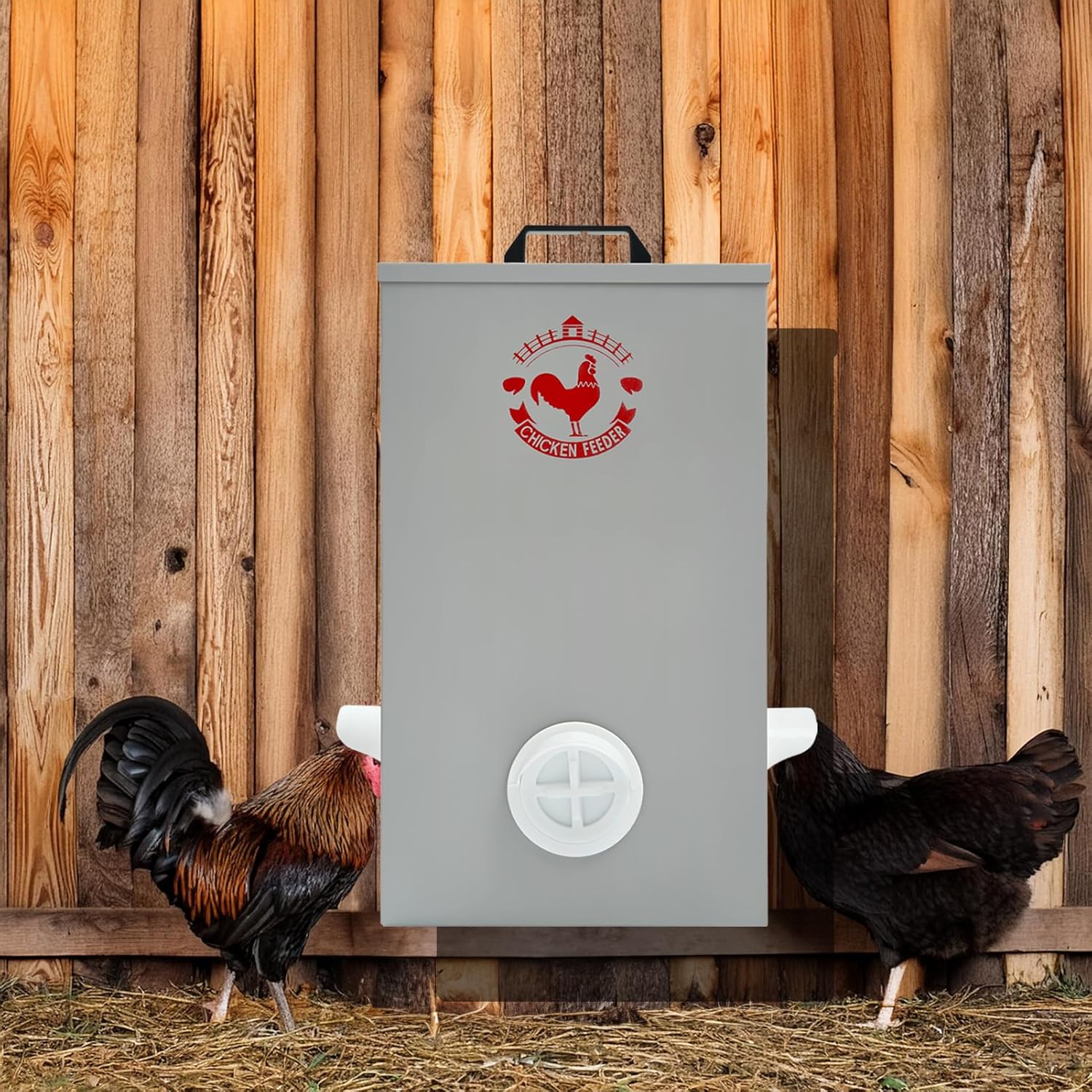 SARUFO Chicken Feeder Wall Hanging 25lb 3-Port All-Weather Metal Poultry Feeder with Plugs Wind and Rainproof Suitable for Chickens, Geese, Ducks, Turkeys, Quails