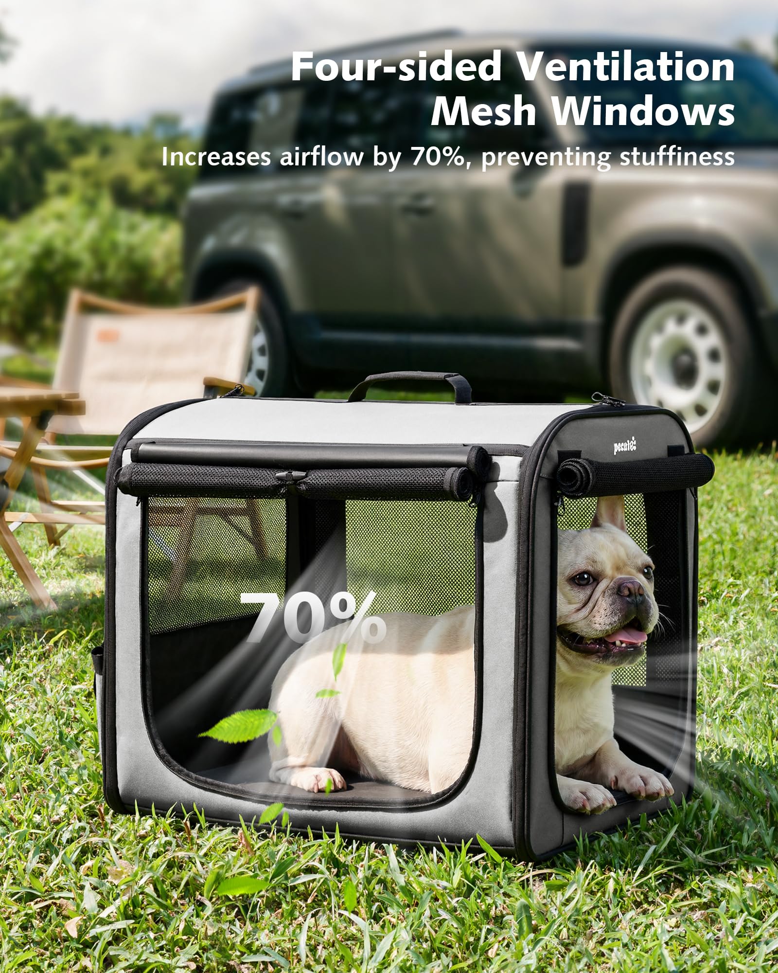 Pecute Trasportino Cani Stabile Leggero, per viaggi e auto, Portatile Con Finestre Traspiranti, Pieghevole Per Animali Domestici, Uso Interno Esterno, 61×45×52 cm, Grigio