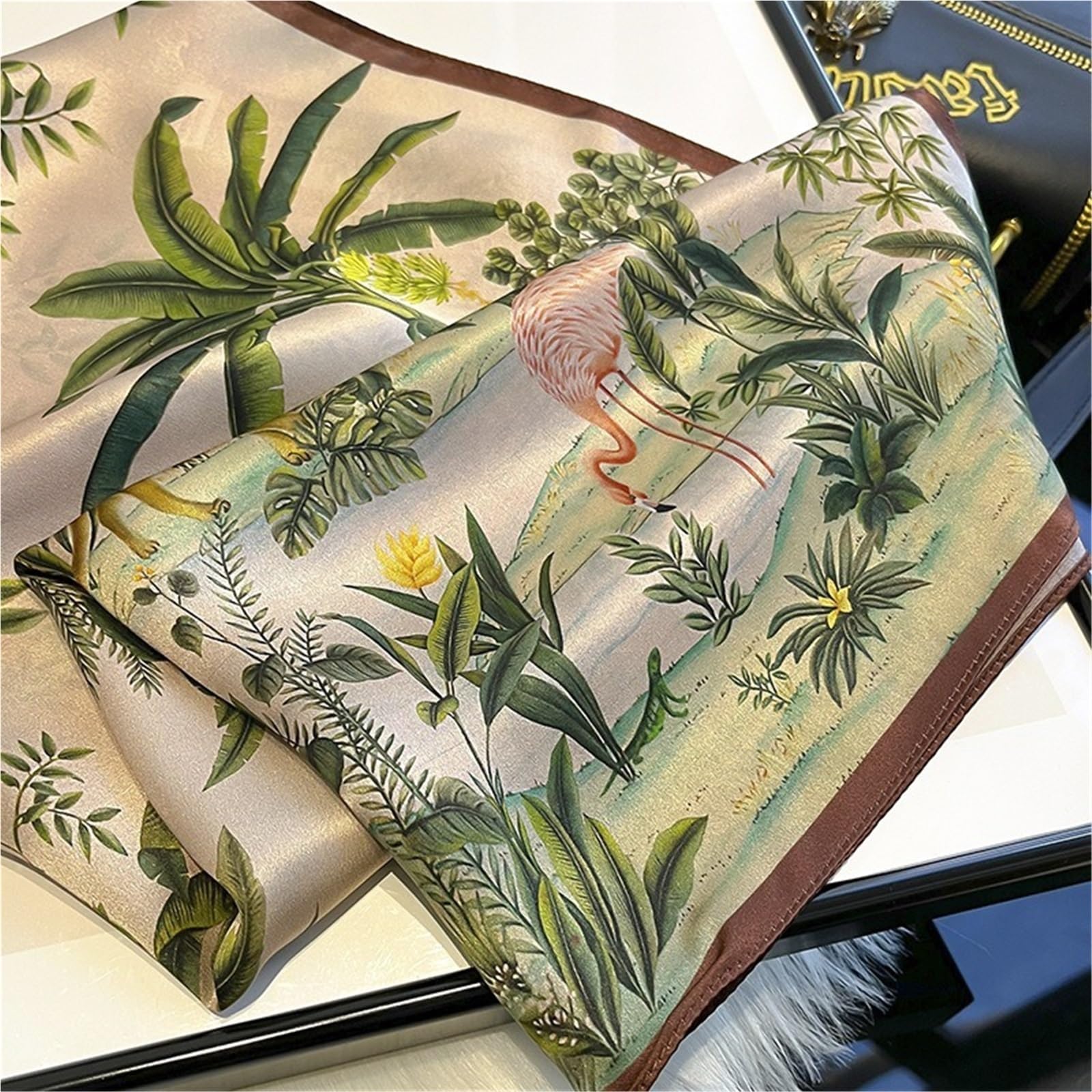 Bufanda de Seda for Mujer, pañuelo Cuadrado con Estampado de Plantas Coloridas de 68cm, Chal de Seda simulado for Mujer