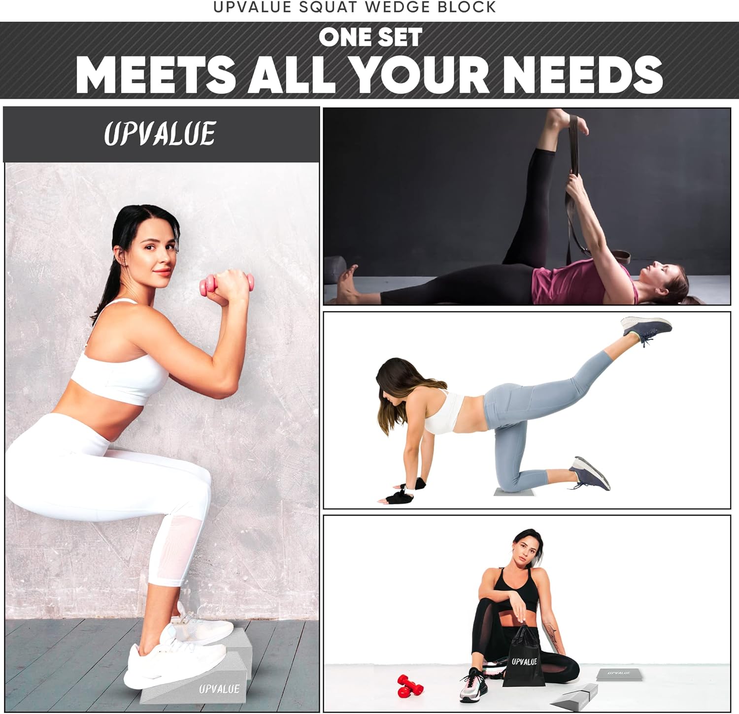 UpValue Squat Wedge Block, Foam Slant Board for Calf Stretching, Squats, Yoga and Weight Lifting, Squat Wedges for Gym, Squat Wedge Pair with Stretch Band, Knee Pads and Gym Bag