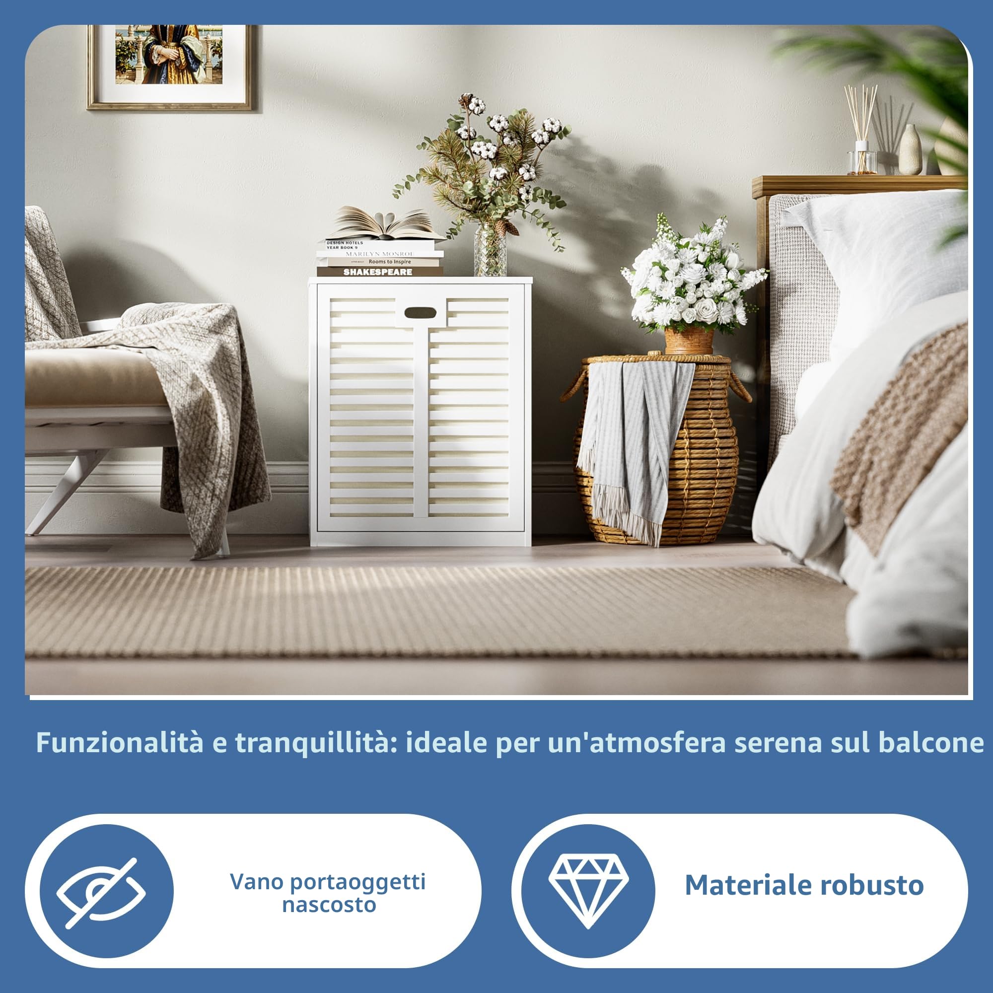 HITNET Mobile Bagno con Portabiancheria, Mobiletto Bagno Salvaspazio da Terra in Bambù con Portabiancheria, Sacco Interno Rimovibile con Maniglie per Lavanderia e Camera da Letto, Bianco