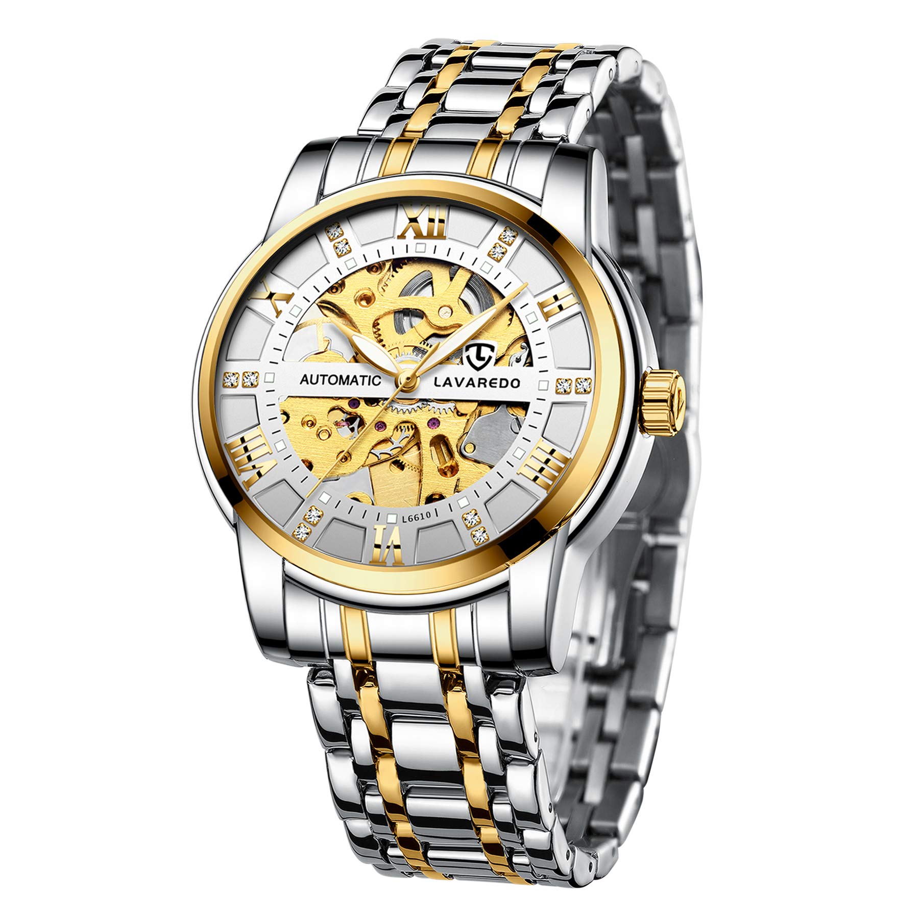 A ALPS Mens Watch Skeleton Luxury Mechanical Stainless Steel Waterproof Black Automatic Self-Winding Roman Numerals Diamond Dial Wrist Watch