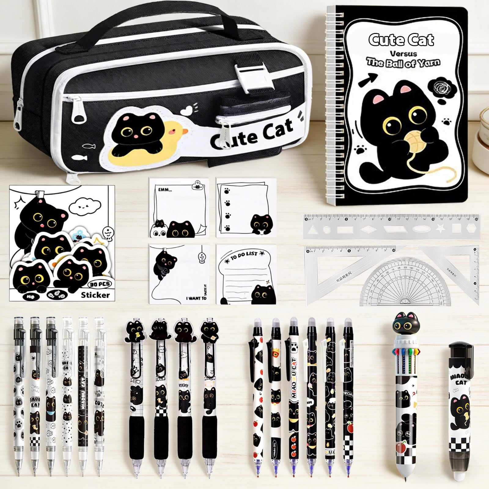 Juego de papelería de gato negro, suministros escolares para gatos, incluyendo notas adhesivas, lápices mecánicos, borrador, cuaderno, calcomanías, regla, etc. Regalos de cumpleaños Kawaii para