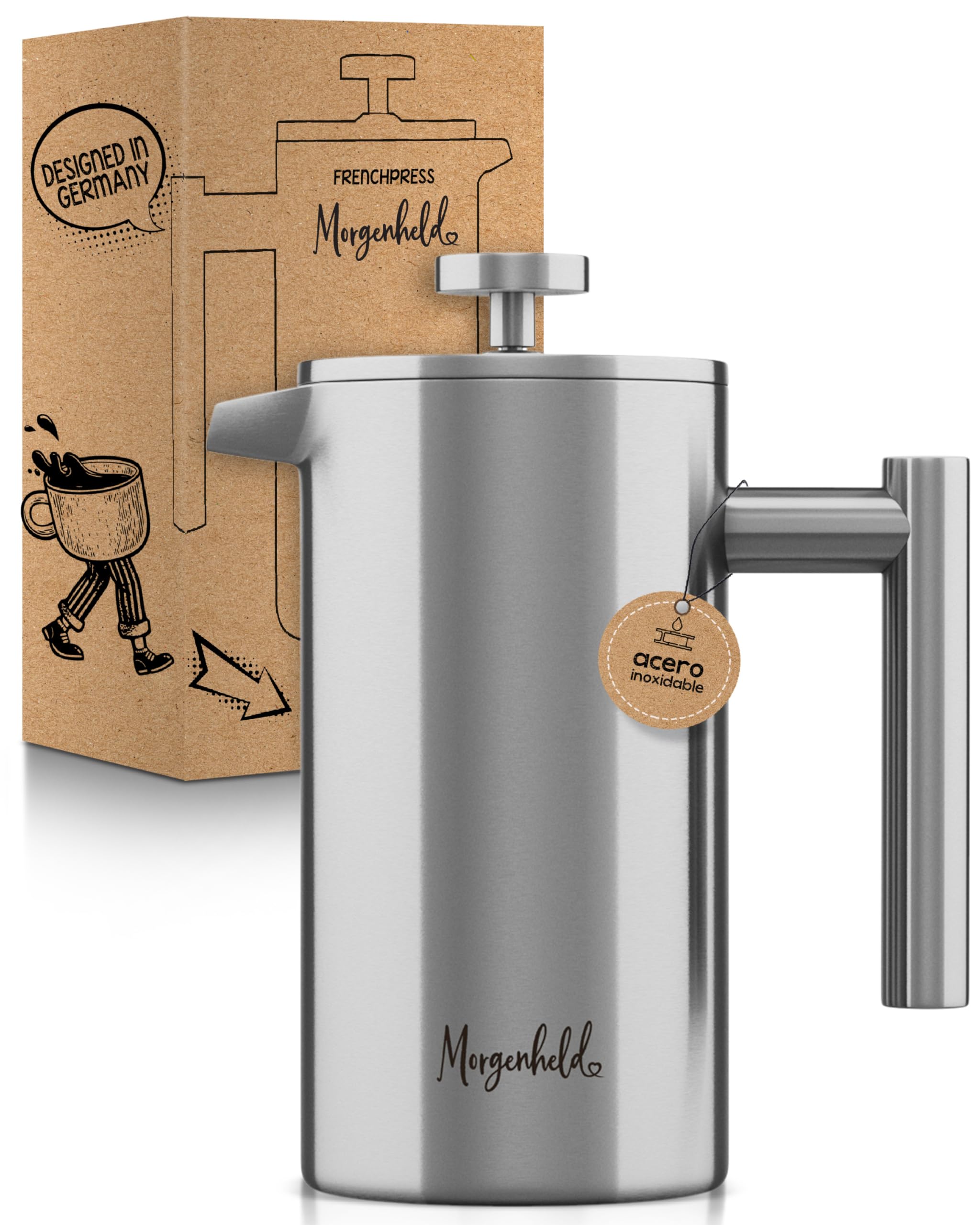 Morgenheld French Press de Acero Inoxidable 1000 ml – cafetera de émbolo 5 tazas con jarra térmica de doble pared – apta para inducción – con escala de medición interior