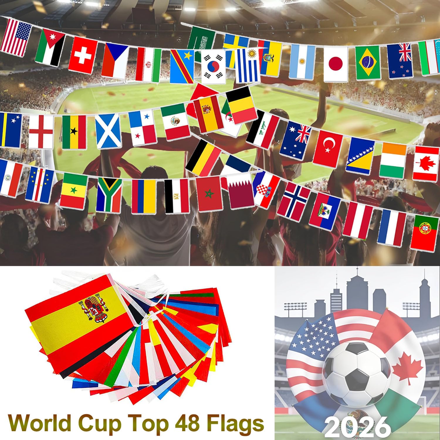 Weltmeisterschaft 2026 Deko-Fahnengirlande mit 48 Nationalflaggen, doppelseitig bedrucktes Wimpelbanner für Fußballpartys, Garten, Bar, Straßenfeste, WM 2026 Deko & Sport-Events