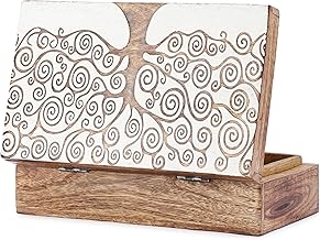 Ajuny Decorative Handmade Wooden Storage Box with Tree of Life Design White Multipurpose Travel Organizer Storage Box Watch Holder Gifts 8 x 5 Inches