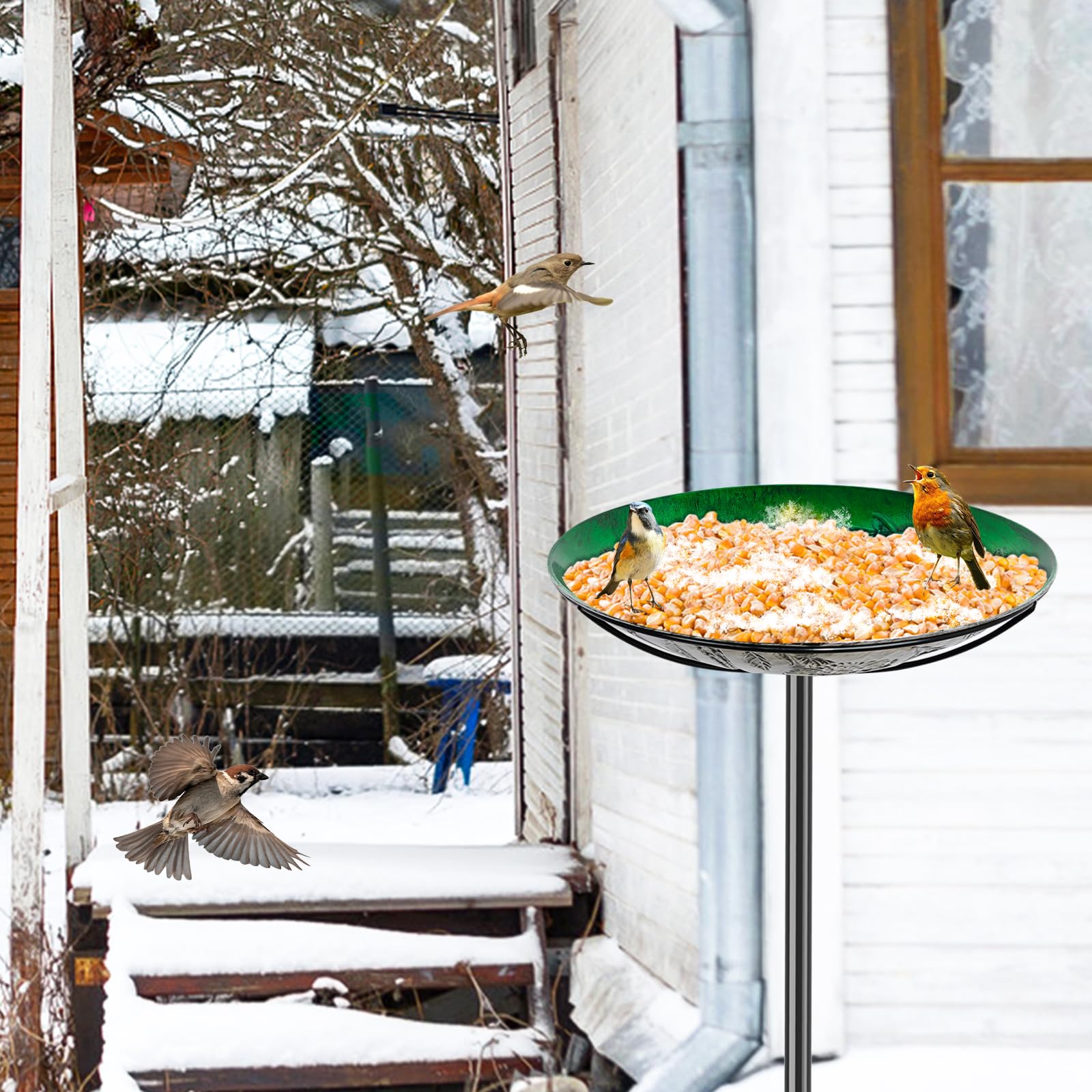 Bebedero para pájaros de pie para jardín, 100 cm, resistente al invierno, con estaca, baño para pájaros, jardín, de pie, resistente a las heladas, de metal, para pájaros, cuenco, bebedero de