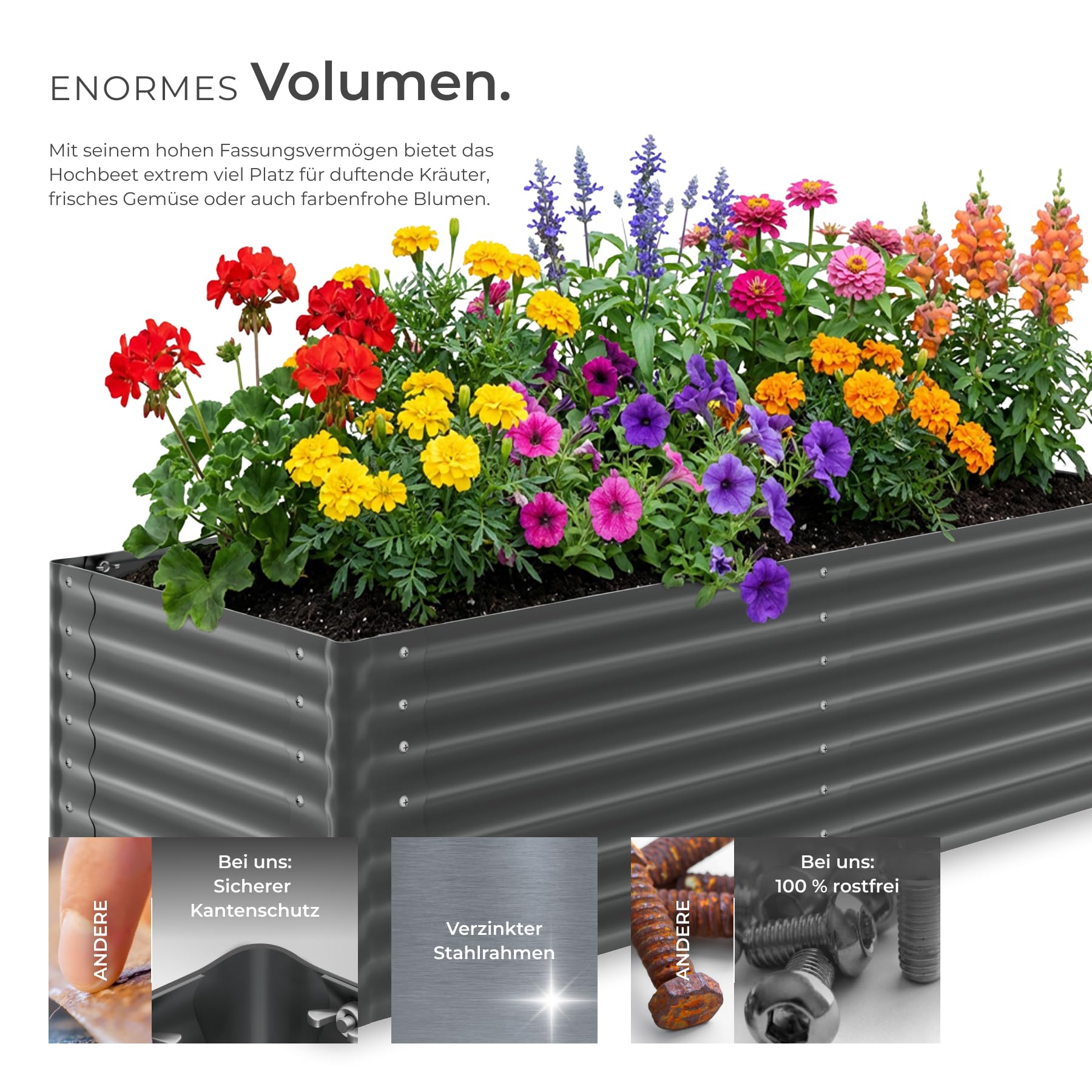 tectake® Hochbeet verzinkter Stahl, 200x80x62 cm, abgerundete Kanten, 970 L, mit Handschuhen, Gartenhochbeet, Pflanzbeet, Gemüsebeet, Kräuterbeet, Pflanzkasten, Gartenbeet, Blumenbeet, Metallhochbeet