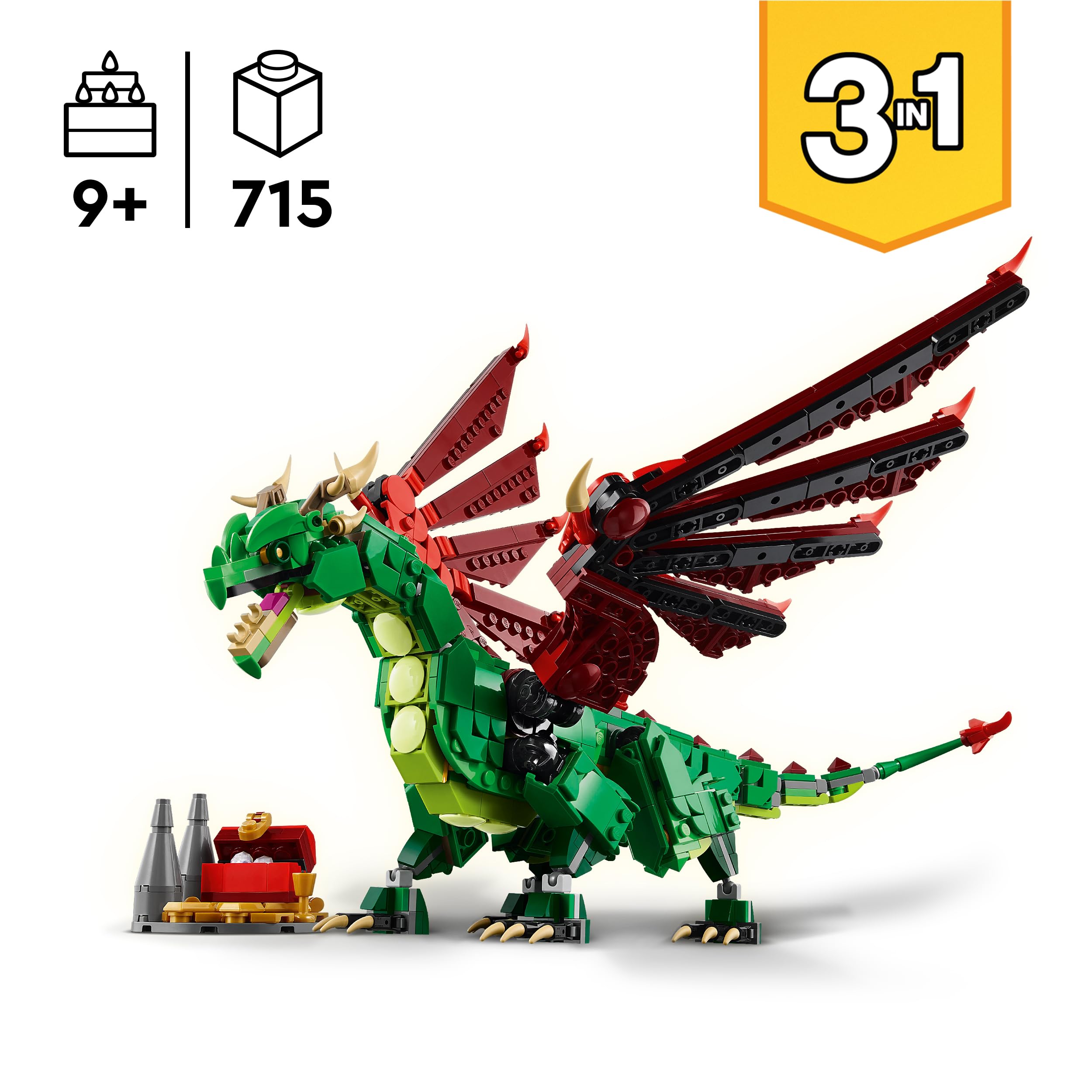 LEGO Creator 3 w 1 Średniowieczny smok, Zabawka Konstrukcyjna dla Dziecka do Przebudowania na Mityczne Stworzenia: Węża Morskiego lub Feniksa, Prezent dla 9-latka, Dziewczynki i Chłopca 31161