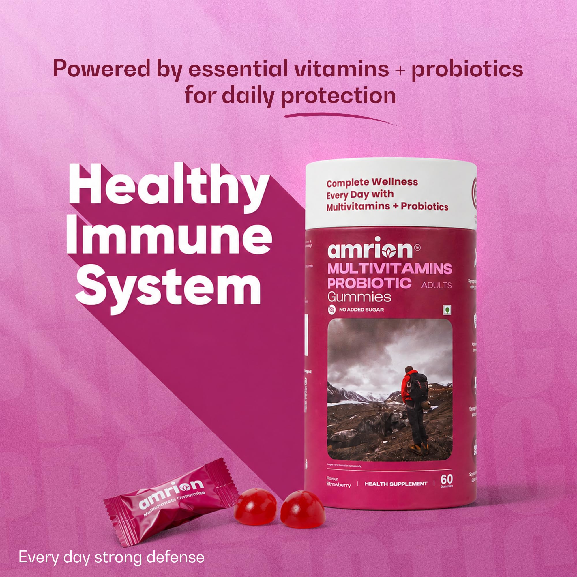 Multivitamins + Probiotic Gummies for Adults | Strawberry Flavour | No Added Sugar | With Vitamins A, B3, B6, B12, C, D2, E, Zinc, Biotin & Iodine | Bacillus clausii UBBC-07 | 60 Gummies | 180g — Amazon image 5