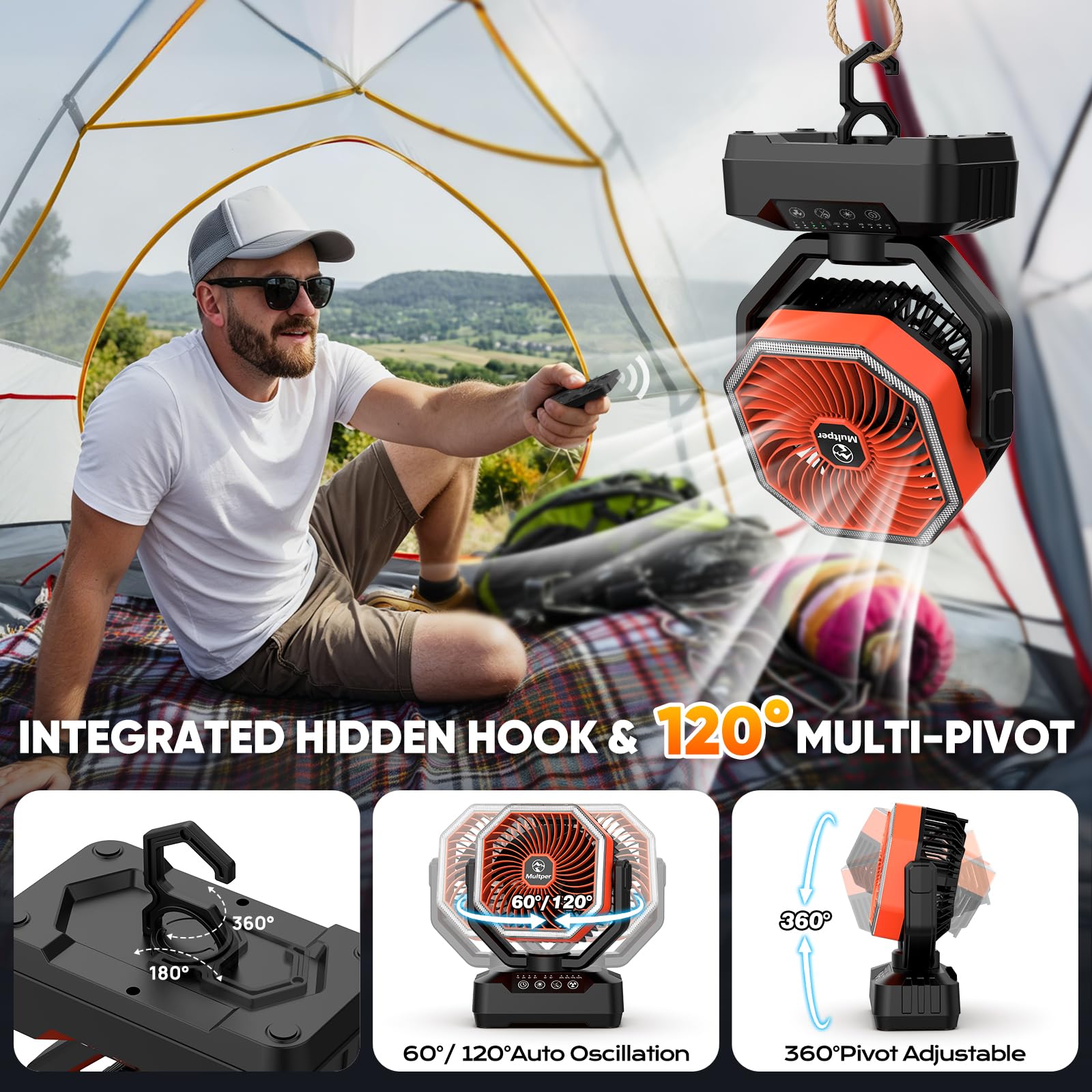 Multper 20000mAh Ventilateur Camping, Max 70H Fonct. Ventilateur Portable Rechargeable avec LED et Téléc., 4 Vitesses Ventilateur USB Silencieux avec Oscil Auto, Ventilateur Bureau pour Camping Maison