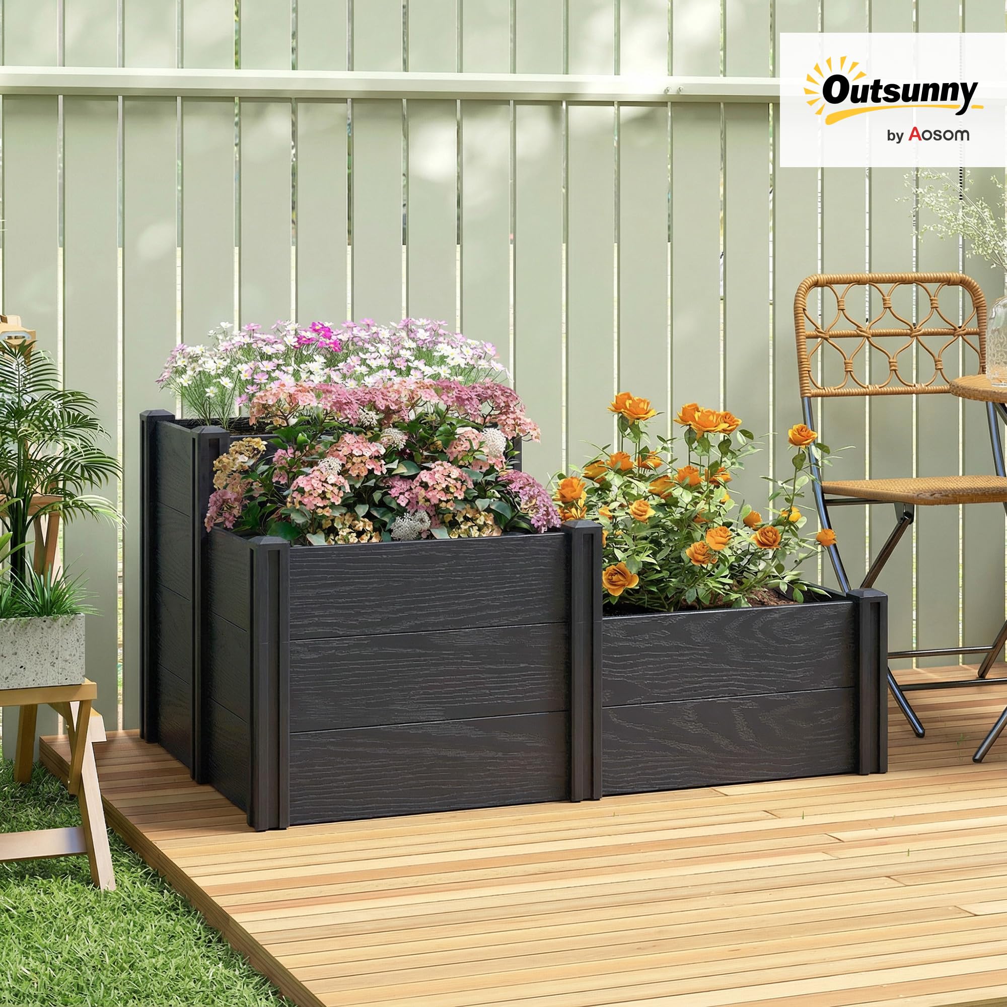 Outsunny Jardinière surélevée 3 Niveaux Fond Ouvert Potager Jardin 120x80x64 cm Effet Bois Gris