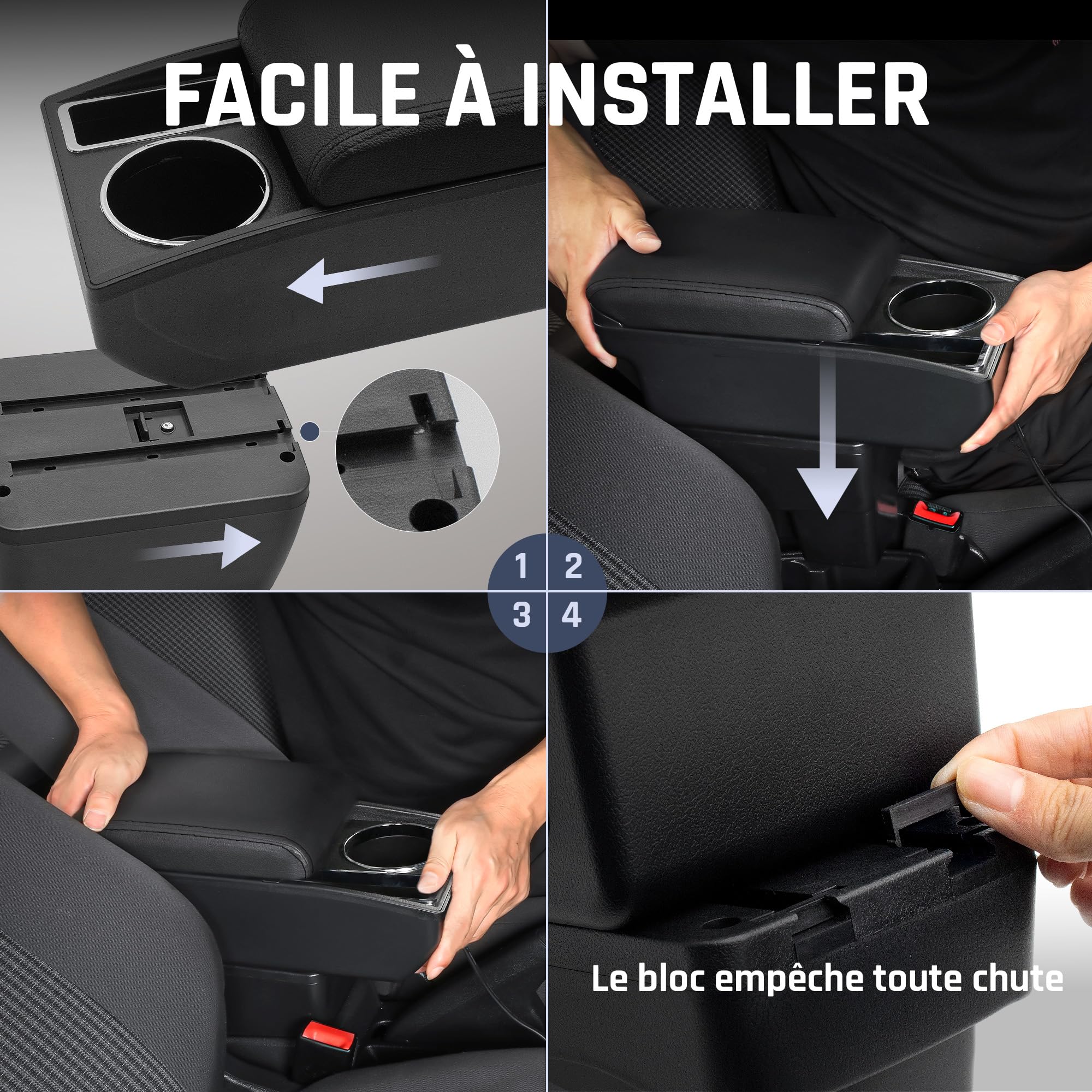 Accoudoir Voiture pour Citroen Berlingo 2010-2020 | Espace de Stockage à Deux Niveaux, Porte-boissons, Montage Facile, Accoudoir de Voiture Réglable, Cuir PU, Ligne Noire