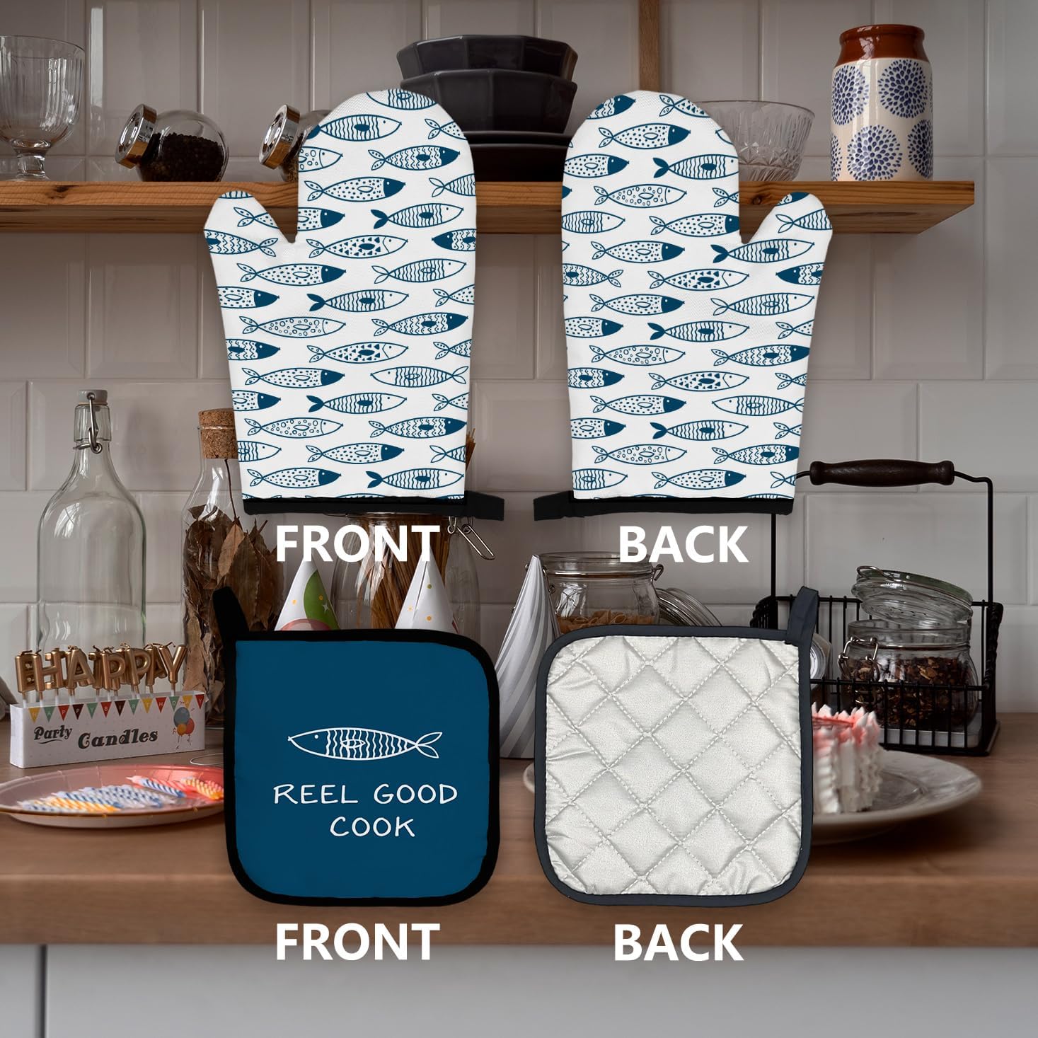 Coastal Beach Blue Fish Oven Mitts and Pot Holders Sets, Fish Gifts Oven Mitts, Reel Good Cook Blue Fishing Over Mittens for Kitchen Decor, Beach Over Gloves Gifts - Image 6