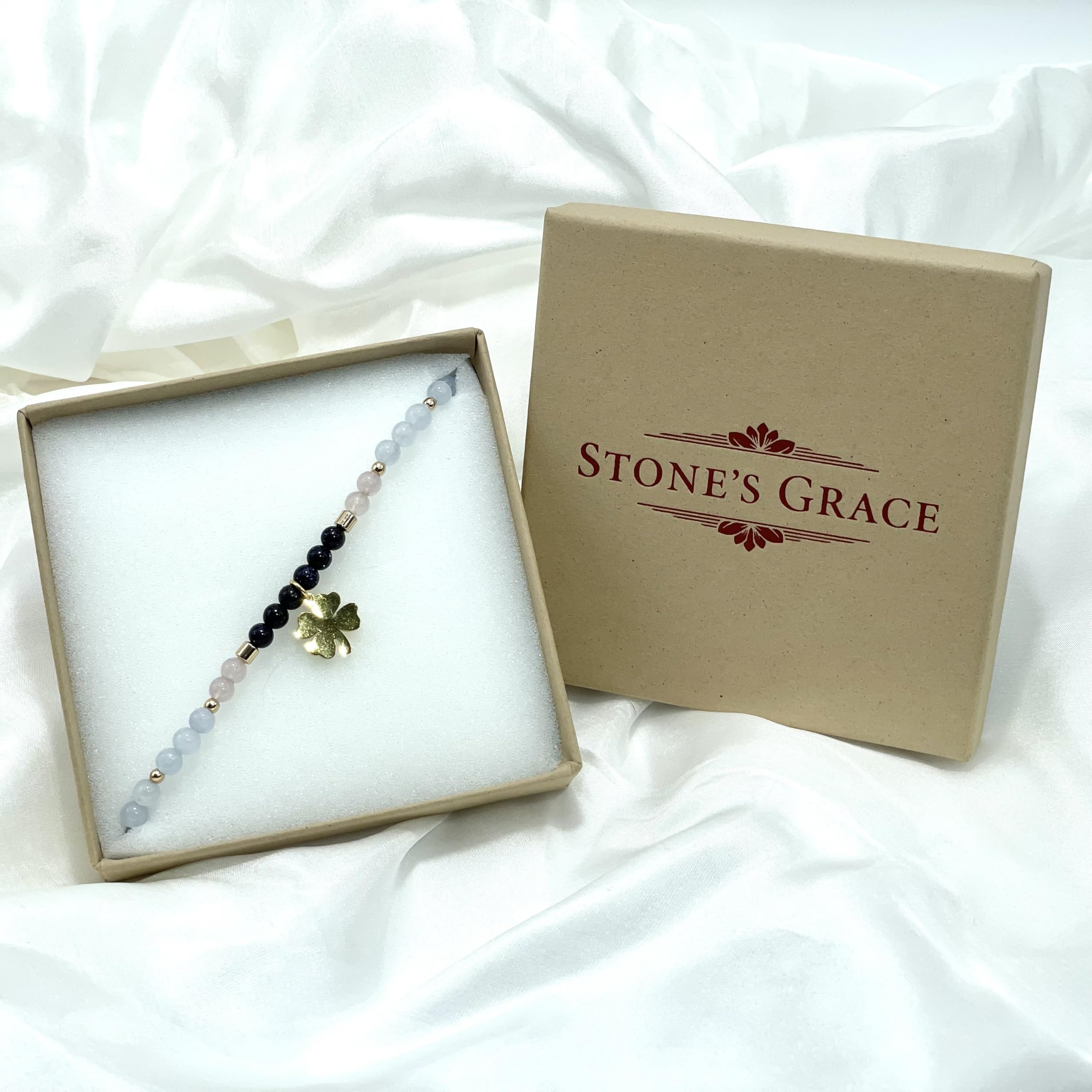 Stone's Grace Pulseras Aguamarina Para Mujer - Piedras Naturales - Trébol - Hecho a Mano - Cuentas Aventurina, Cuarzo Fresa de 5mm - Ajustable 17cm-20cm - Acero Inoxidable