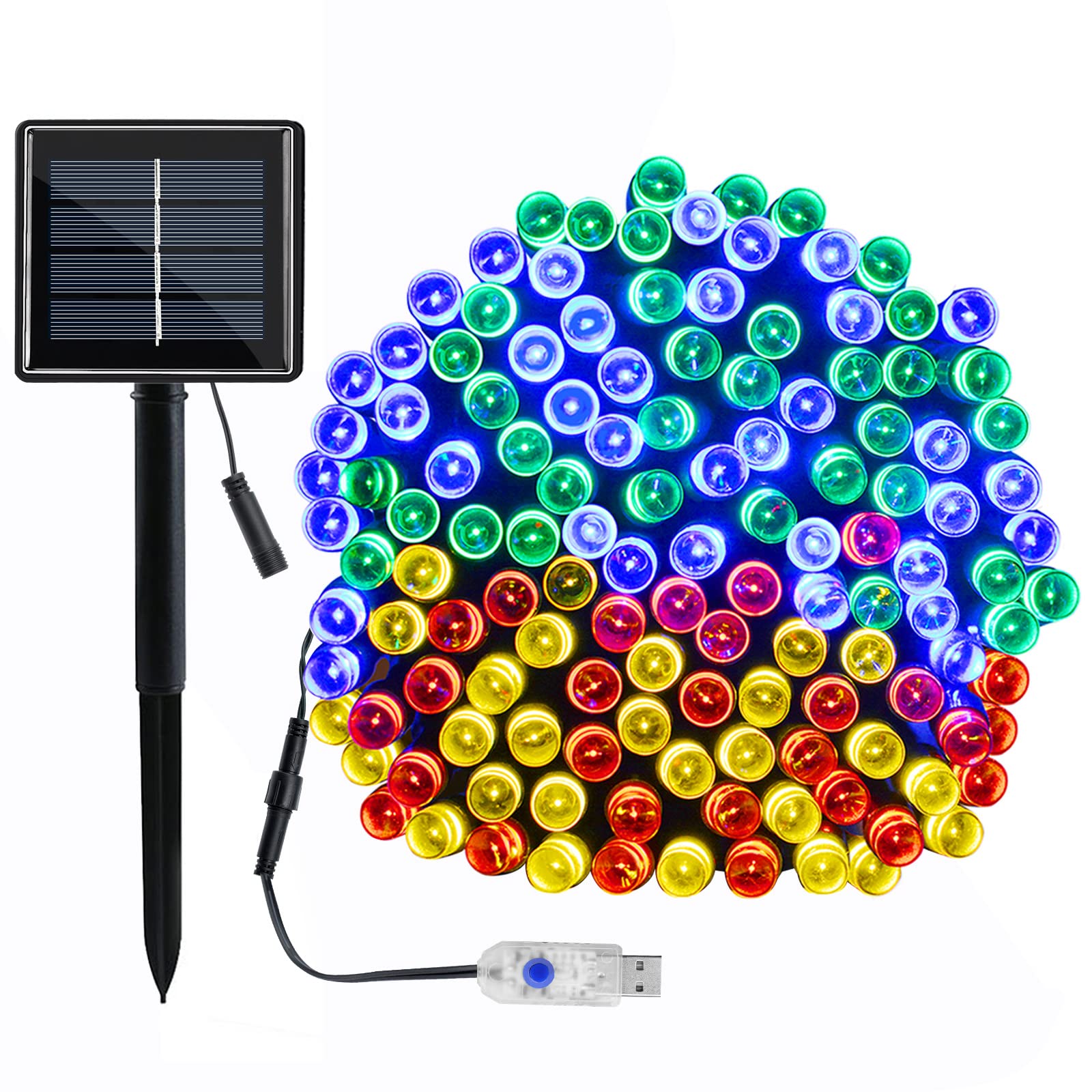 VMANOO Solar USB Outdoor String Christmas Lights 72Ft 200 LED 8 Modes