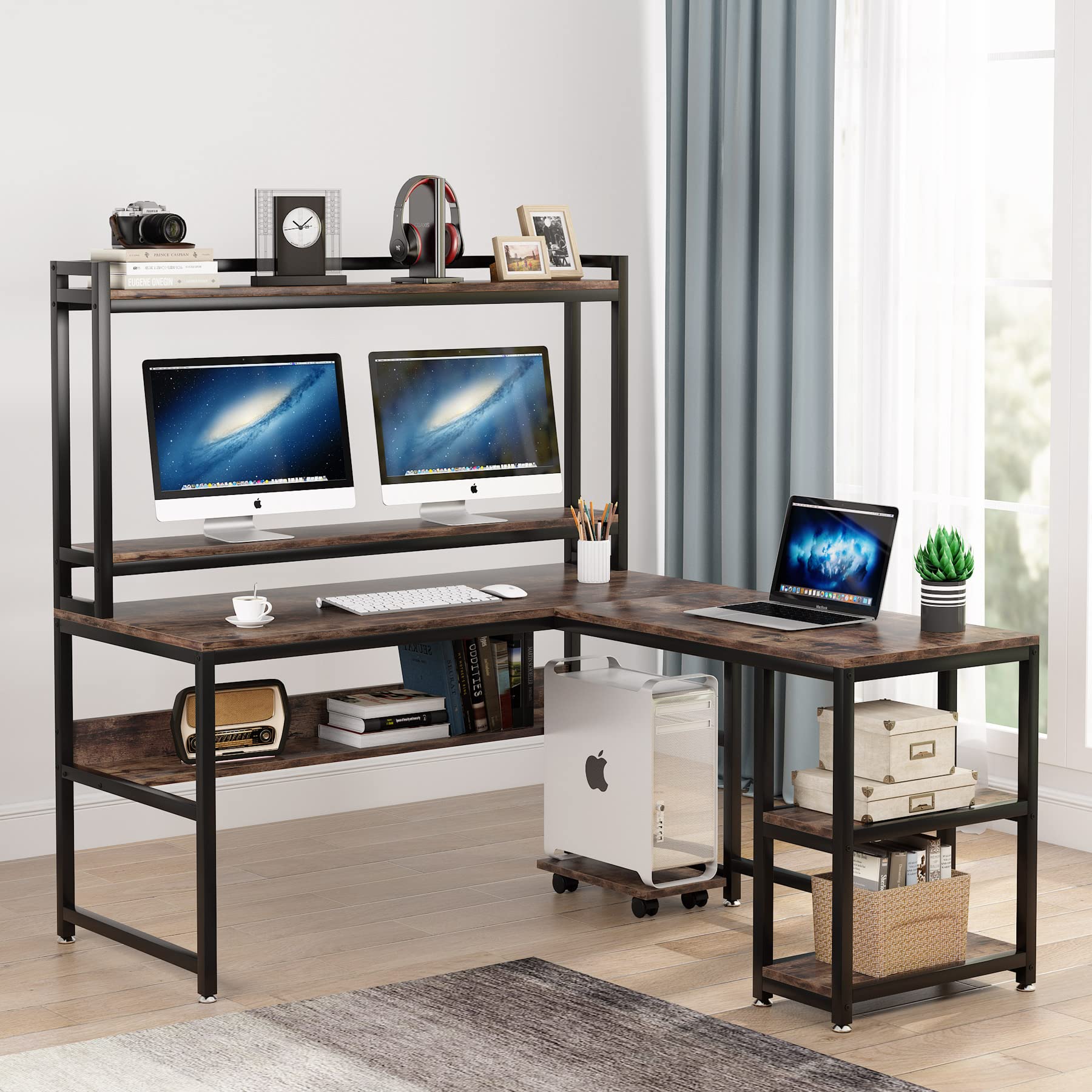 Buy LShaped Desk with Storage Shelves, 59” Corner Computer Desk with Hutch, Industrial L Shaped