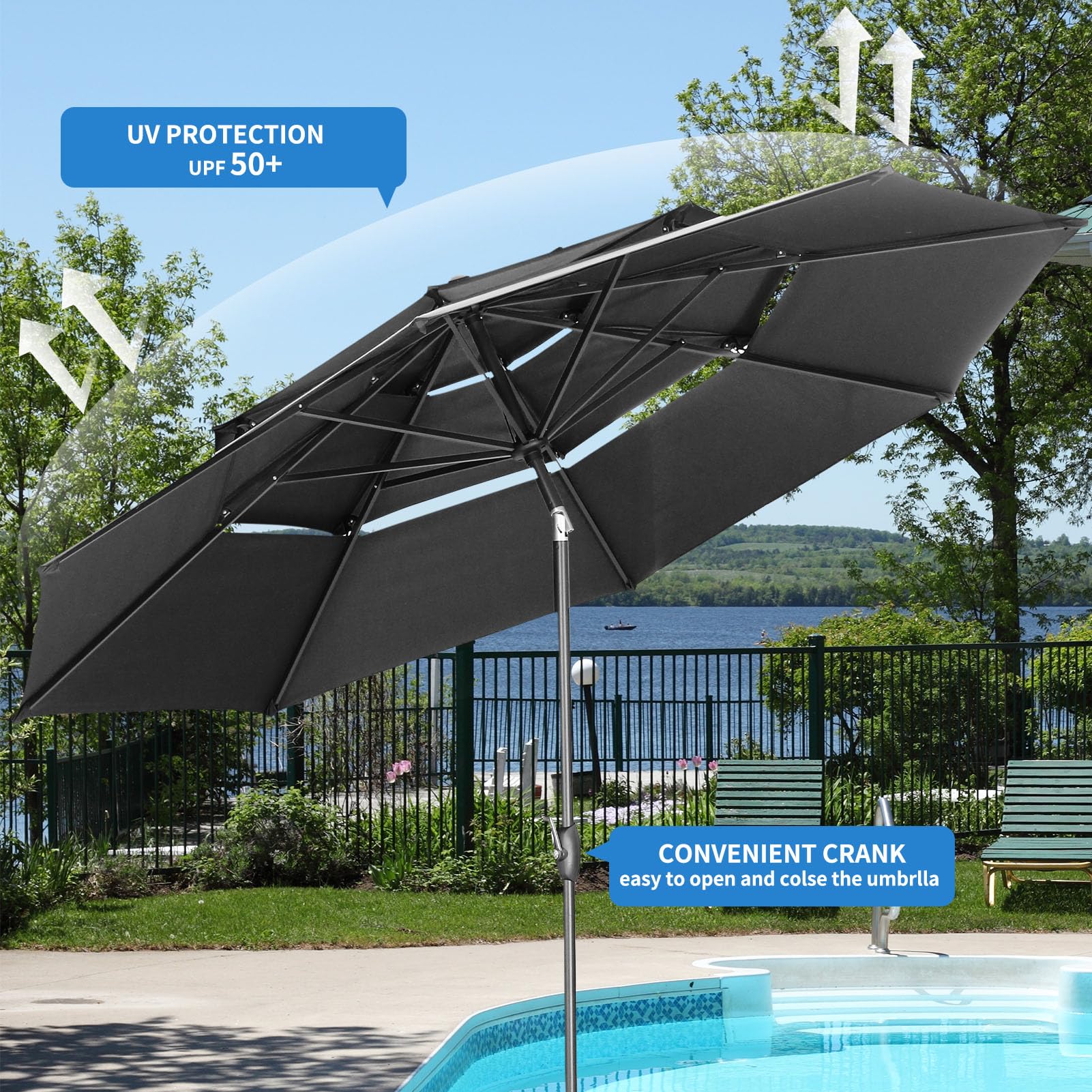 Amazon.com : GDY Patio Umbrella 10 FT Outdoor Umbrella with 3 Tiers Adjustable Outdoor Market Umbrella with Crank and Tilt Perfect Table Umbrella for Garden Lawn Backyard Pool (Black) : Patio, Lawn & Garden Amazon.com : GDY Patio Umbrella 10 FT Outdoor Umbrella with 3 Tiers Adjustable Outdoor Market Umbrella with Crank and Tilt Perfect Table Umbrella for Garden Lawn Backyard Pool (Black) : Patio, Lawn & Garden