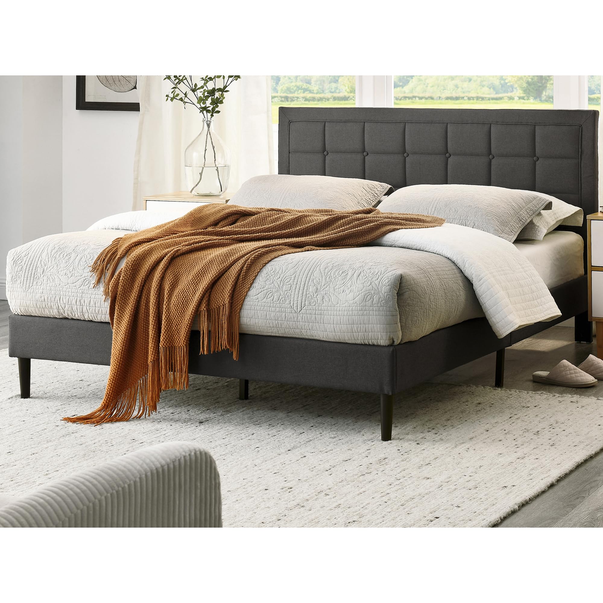 Decoro Mornington Upholstered 2.0 Platform Full Size Bed Frame and Headboard, Queen, Dark Grey