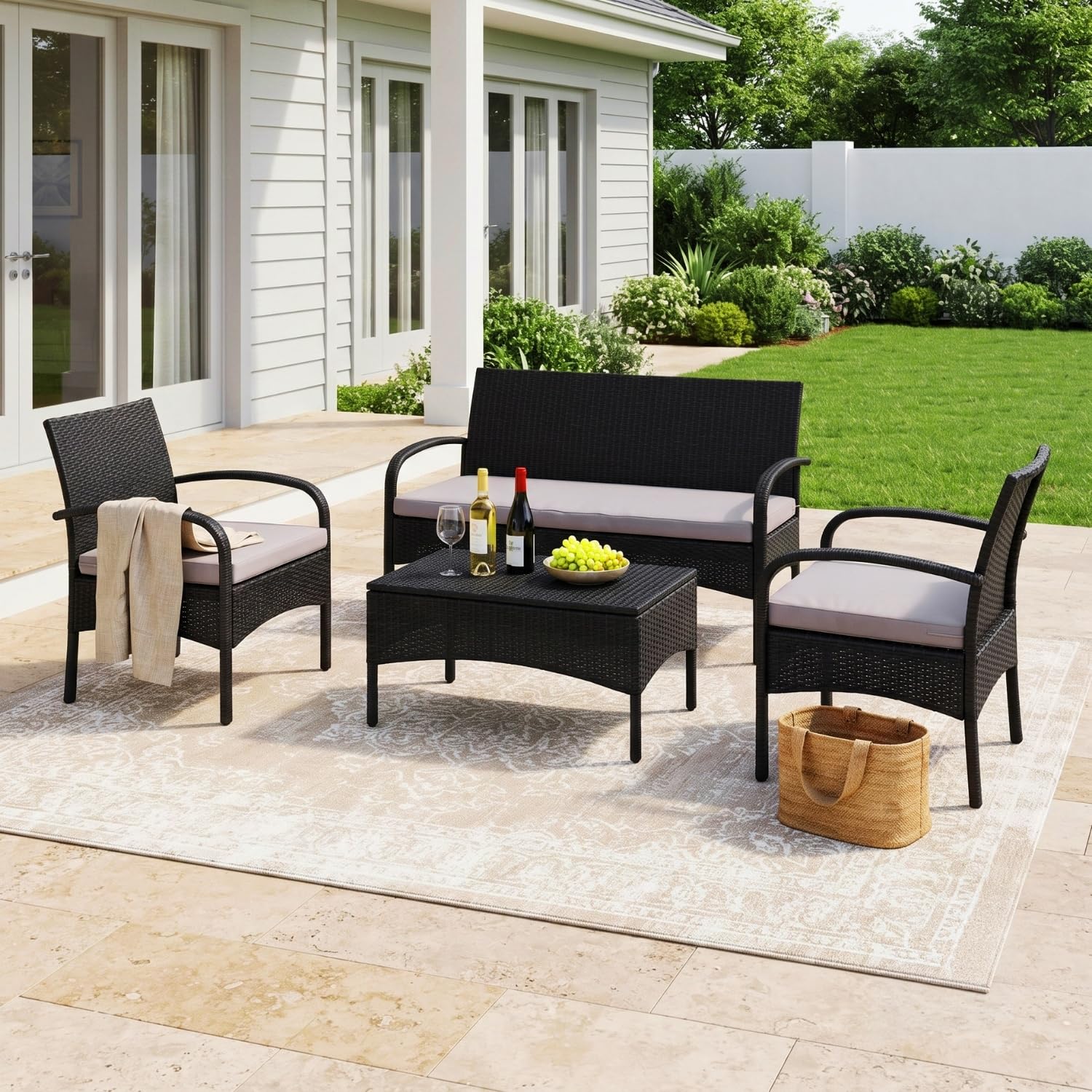 devoko outdoor furniture set rattan wicker conversation patio set for backyard, lawn, porch, poolside, balcony, garden sofa sets with center table (black and grey)