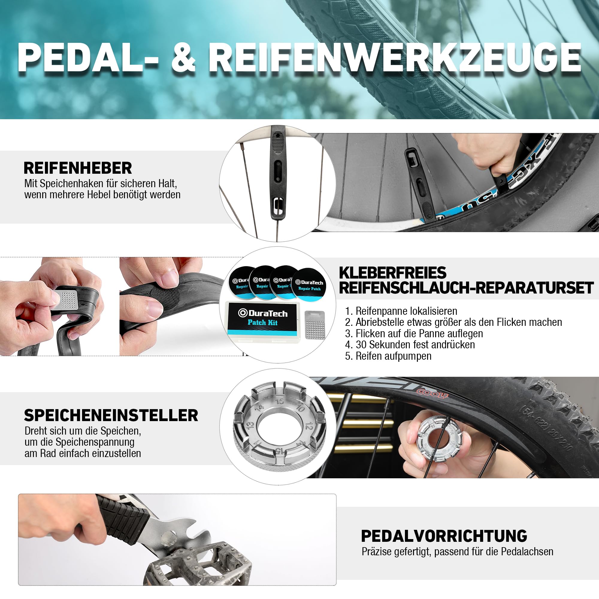 DURATECH Fahrrad Reparaturset 41-Teilig mit Werkzeugkoffer, Tragbarer Fahrrad Werkzeug Set für Fahrrad Reifen Kette Pedal Montage Reparaturen