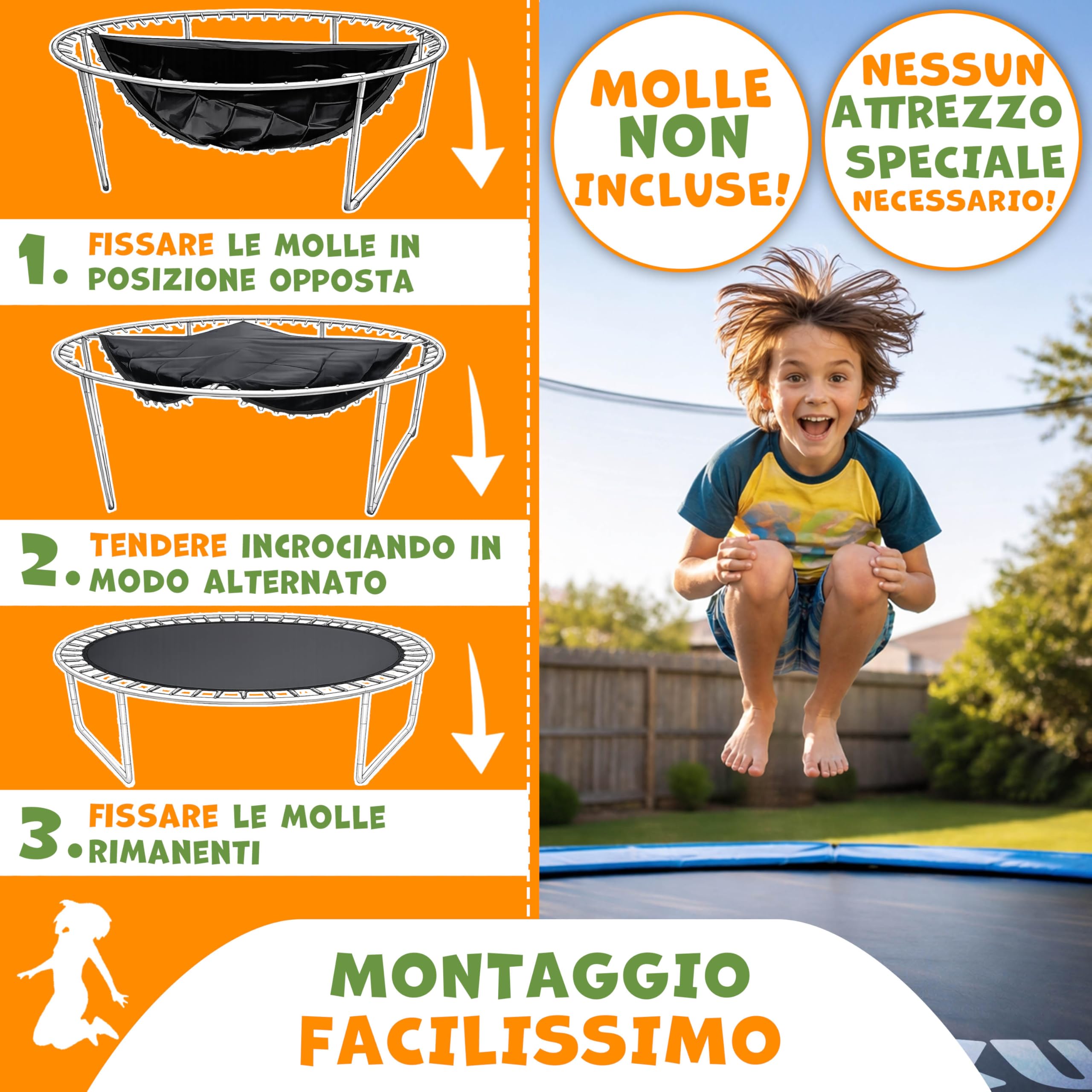 KIDUKU Trampolino elastico Ø 244 305 366 427 cm | tappetino di ricambio 48 – 96 occhielli resistenti ai raggi UV e alle intemperie | accessori tappetino di ricambio per trampolino da giardino | panno