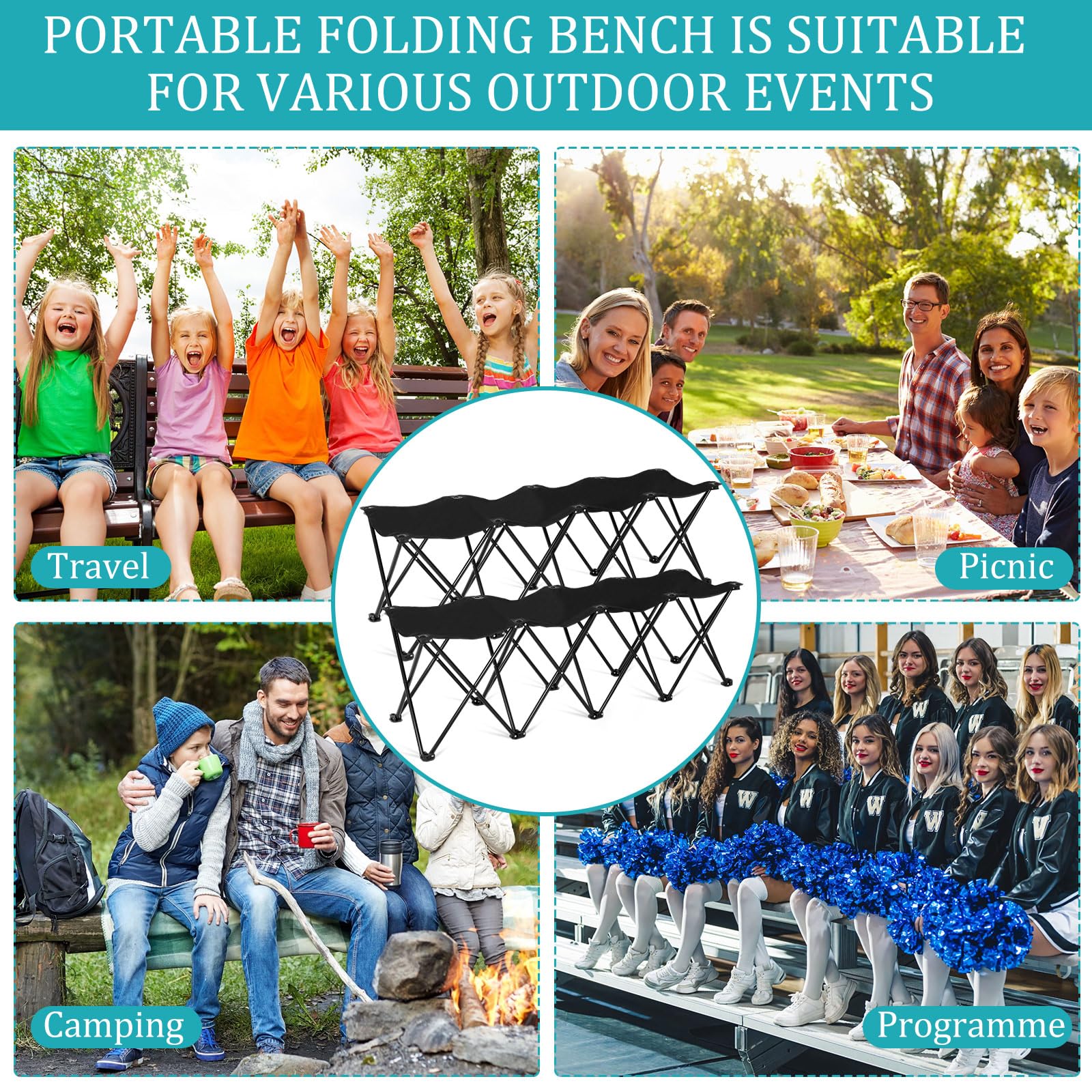 Banco portátil de equipo de 2 piezas, banco plegable para deportes de equipo con bolsa de transporte, sillas laterales plegables impermeables para deportes al aire libre, fútbol, fútbol 7