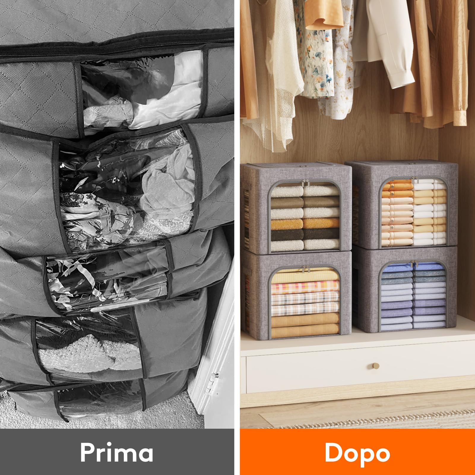 Lifewit Scatole per Armadio Rigide con Cerniera, Contenitori per Armadio Salvaspazio, Scatole Vestiti Cambio Stagione con Struttura in Metallo Pieghevole, Grigio, 40 L, 2 Pezzi