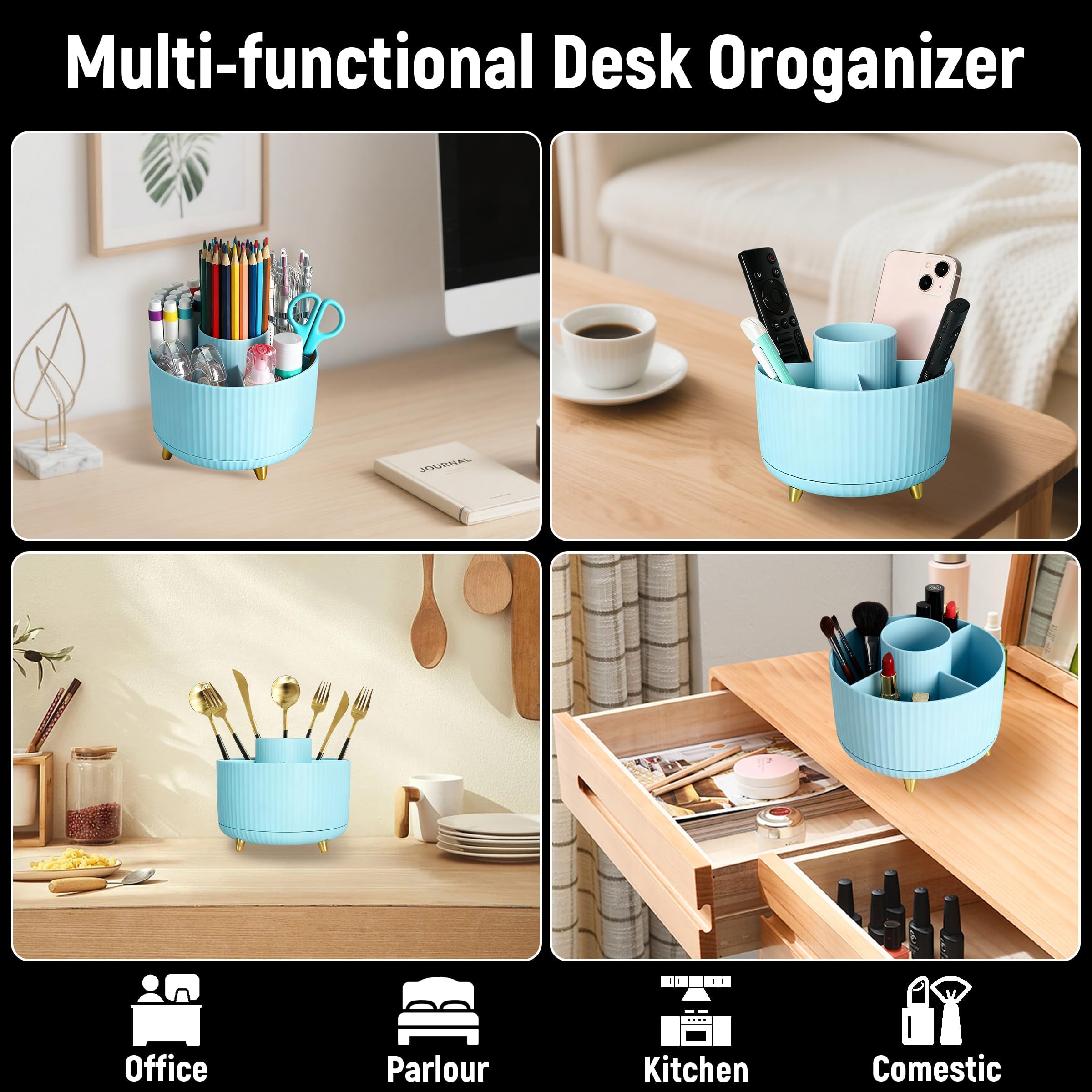 ZHABAYEN Desk Organiser, 360-Degree Rotating Pen Holder, Pencil Holder for Desk Pen Pencil Holder Desk Organiser - Image 6