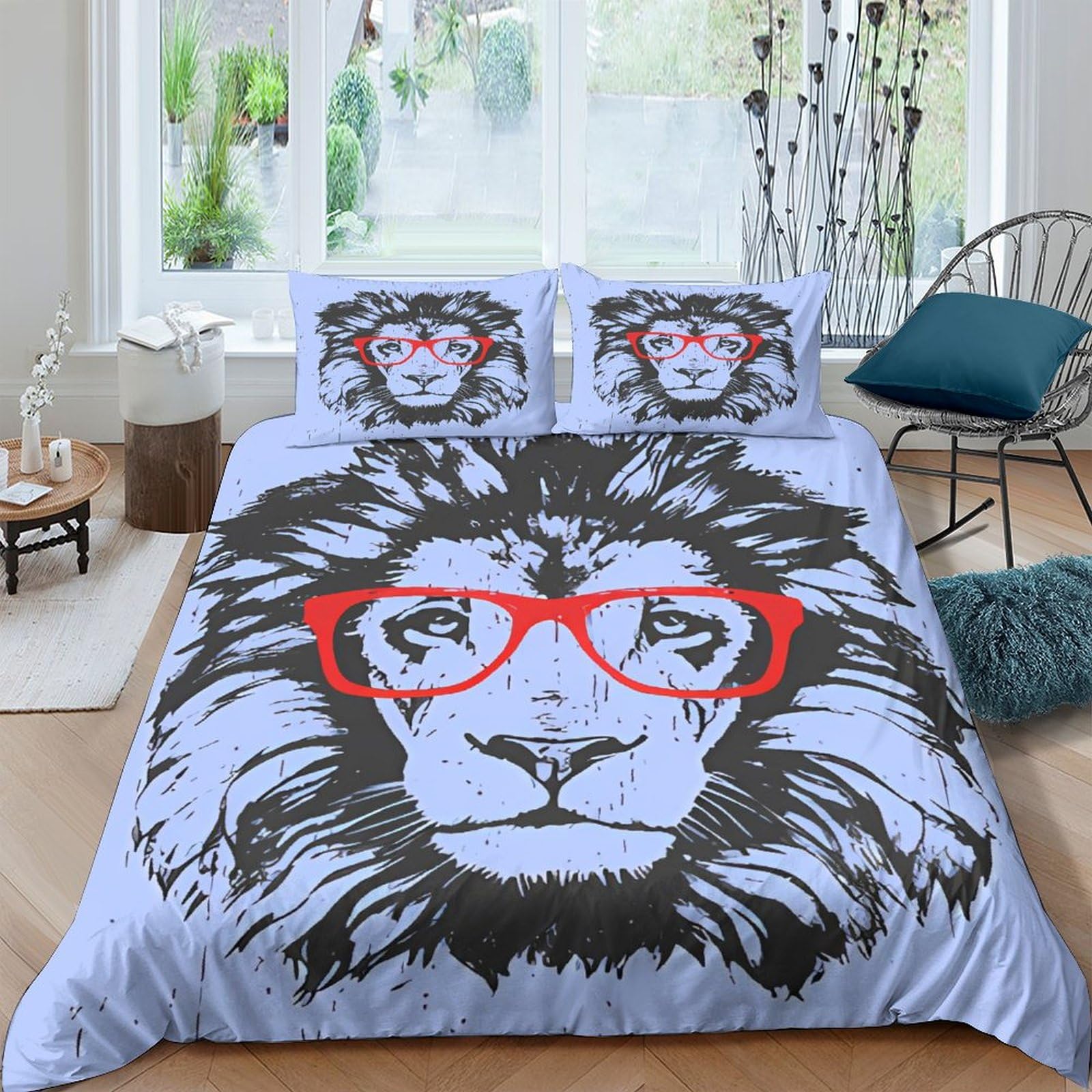 Housse de couette lion à lunettes hypoallergénique facile à enfiler avec zip parure 3D